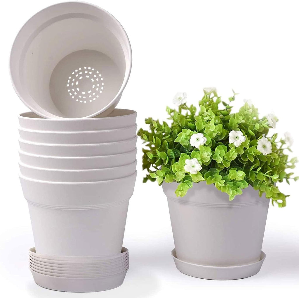 7.5 Inch Plastic Flower Pots with Drainage Holes and Trays (8 Pcs) | Cream white indoor planters suit orchids, snake plants, herbs and succulents for windowsills, balconies, gardens and offices.