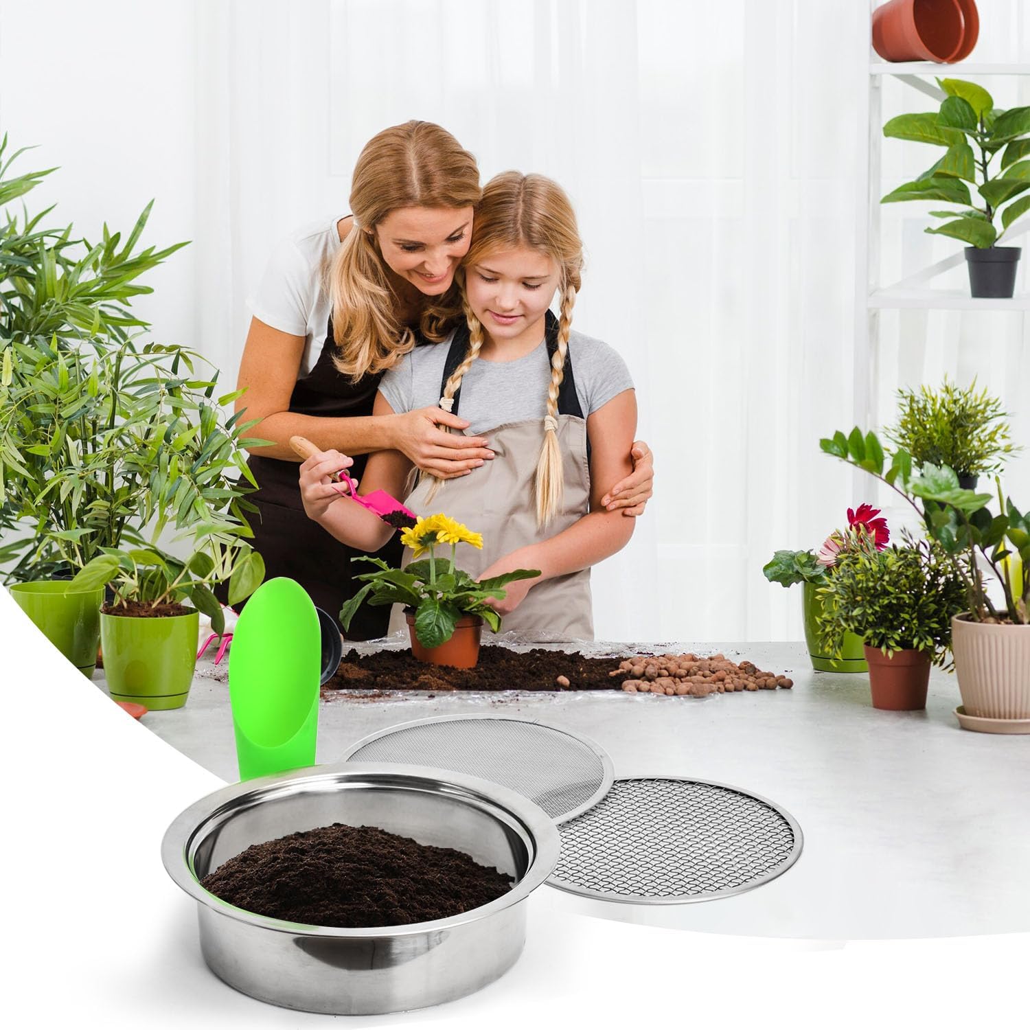 Soil sifter garden soil sieve stainless steel sieve set, with 3 interchangeable filter mesh-3,6,9mm sieve for dirt, sand, rock, filtration, compost - view 4