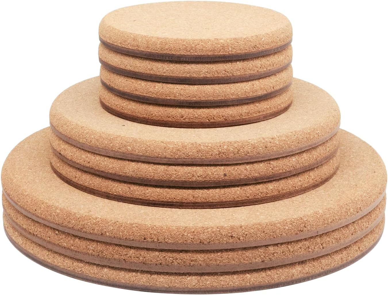 Cork Plant Coasters, Double Layers, 3 Sizes (4/6/8 Inch), 10 Pcs | Double Layers, Eucalyptus Wood Back, Thick & Hard, Absorbent Cork Plant Mats, Cork Trivets for Hot Dishes, For House Plants
