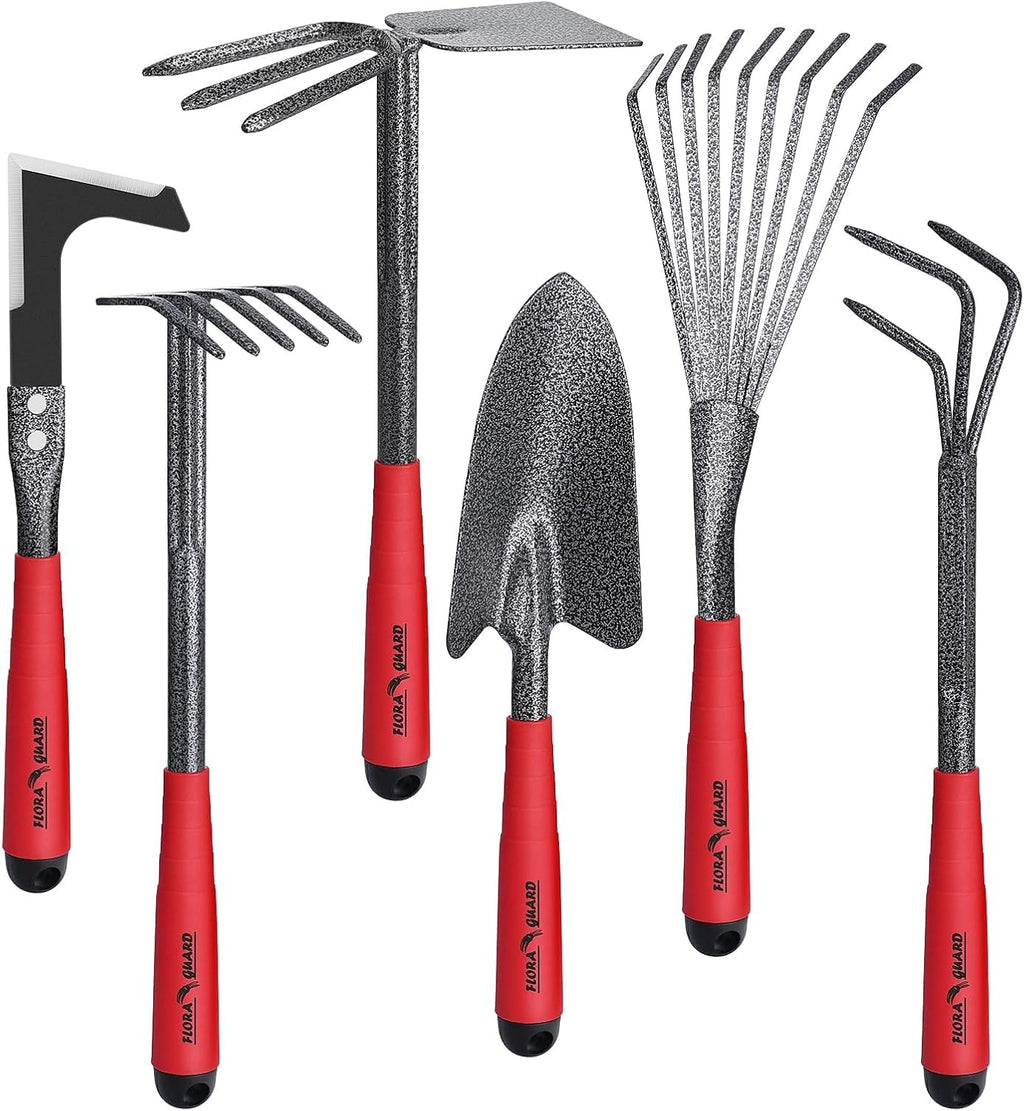 6-Piece Garden Tool Set, Heavy Duty Gardening Hand Tools with Trowel, Rakes, Cultivator, Hoe & Crack Weeder, High Carbon Steel Yard Tools for Weeding, Planting, Digging, Gardening Gifts