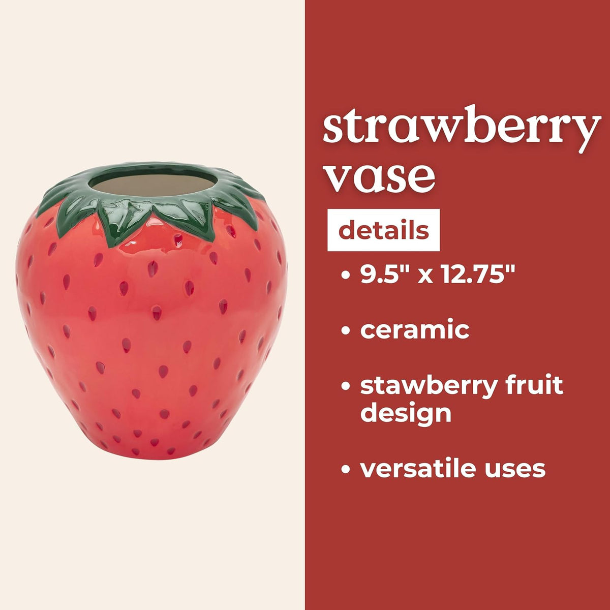Novelty Ceramic Strawberry Flower Vase | Decorative Fruit Theme Vase, Large Planter Vase, Unique Red Strawberry Decor for Home/Kitchen/Office - view 2