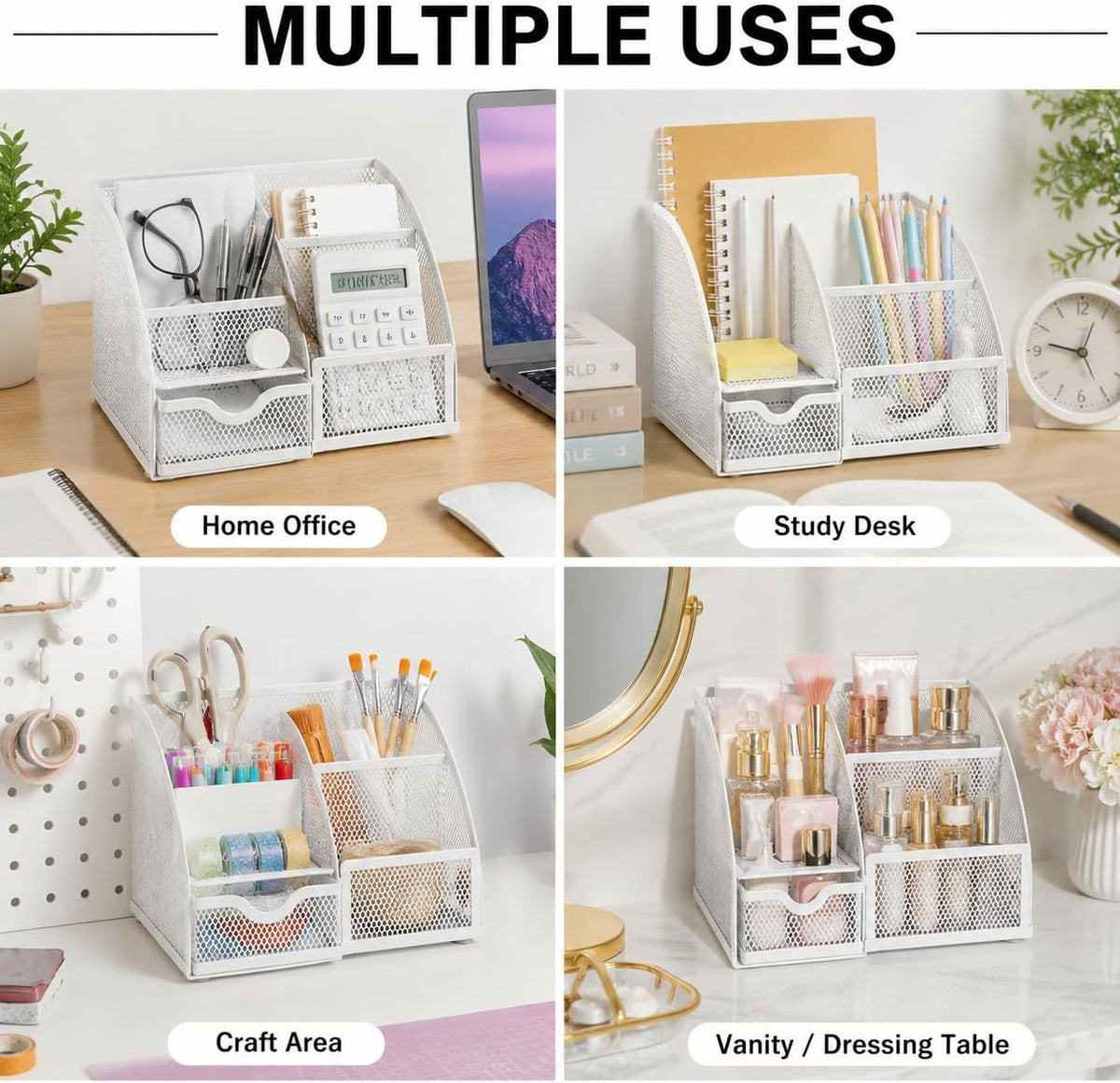 Desk Organizer 7 Compartments Metal Mesh Pen Holder Caddy White | Compact White Desktop Storage for Notes Clips Scissors Rulers Craft Tools Makeup Study and Home Use - view 5