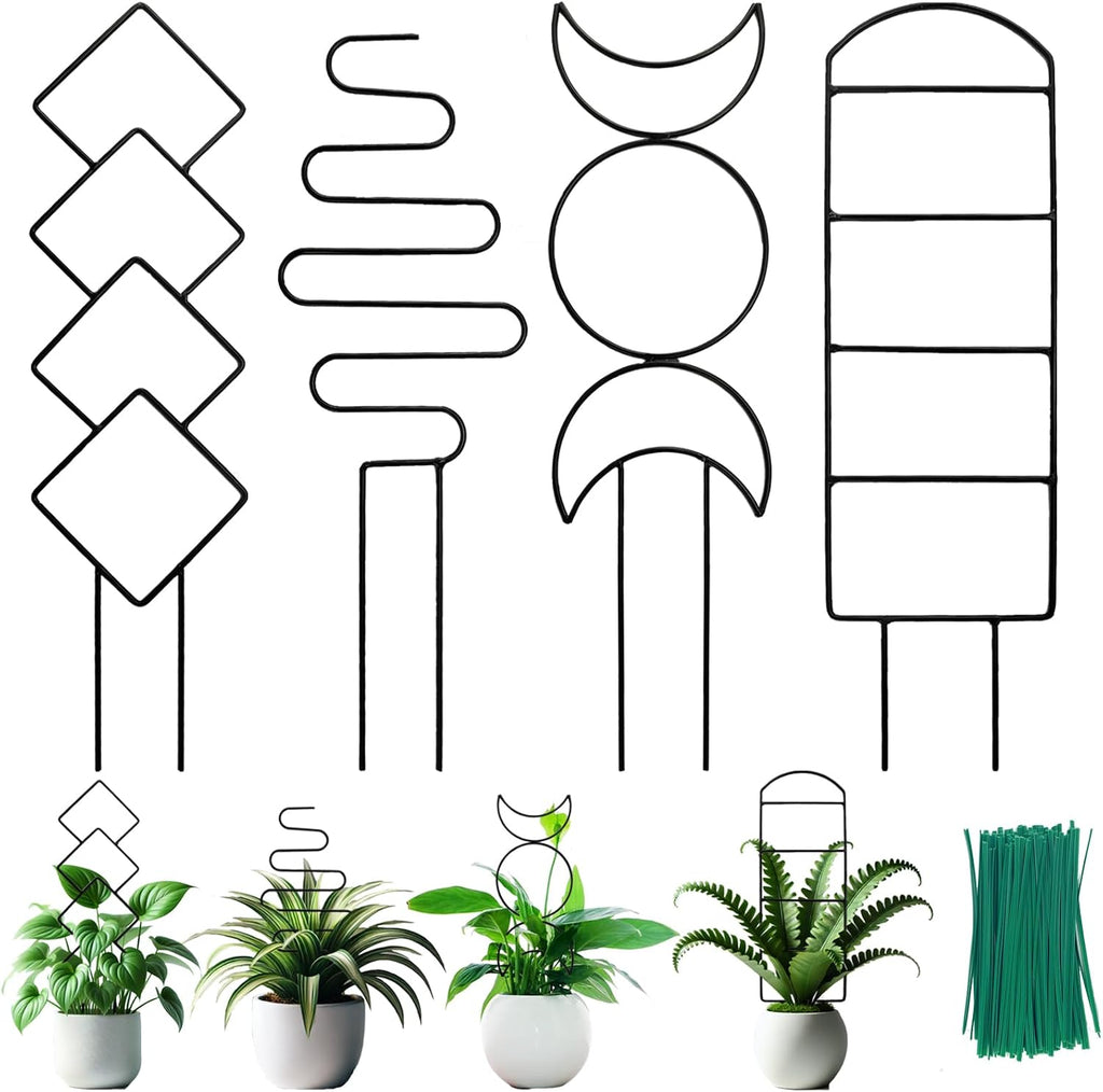 4 Packs Trellis for Climbing Plants Indoor, Small Garden Metal Trellis for Potted Plants Outdoor for Vine Ivy Flower Plant Support, 4 Different Black Iron Patterns