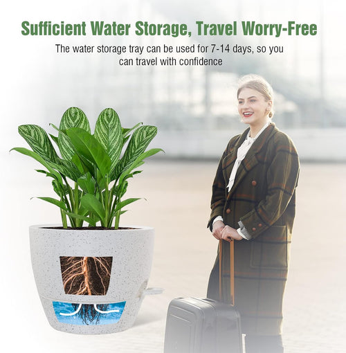 10 inch Self Watering Planters, 2 Pack Large Plastic Plant Pots with Deep Reservior and High Drainage Holes for Indoor Outdoor Plants and Flowers, Speckled White - view 2