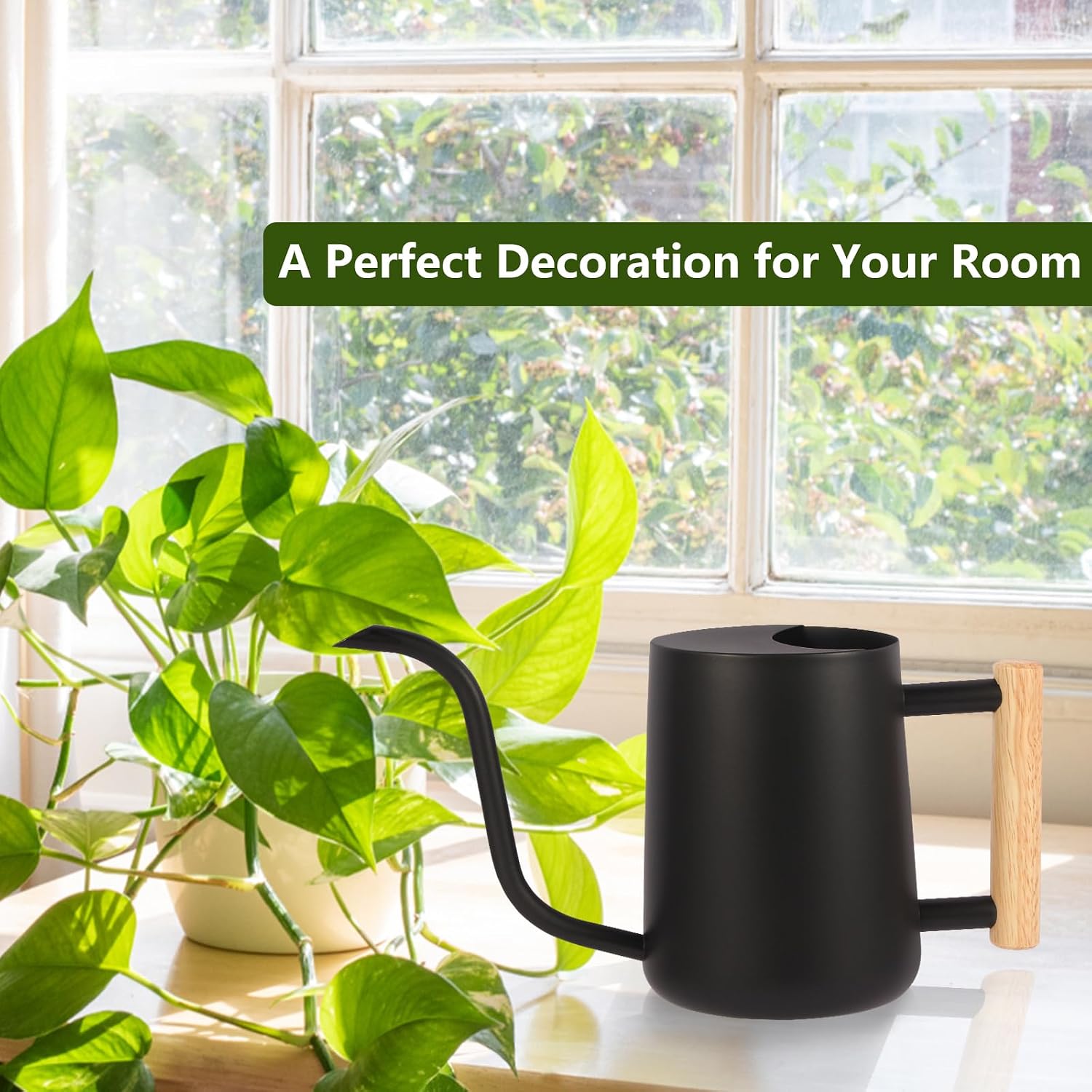 Plant Watering Can,35oz Metal Watering Can,Stainless Steel Indoor Plants with Long Curved Spout,Small Bonsai Outdoor Garden Modern Decorative(Black) - view 3