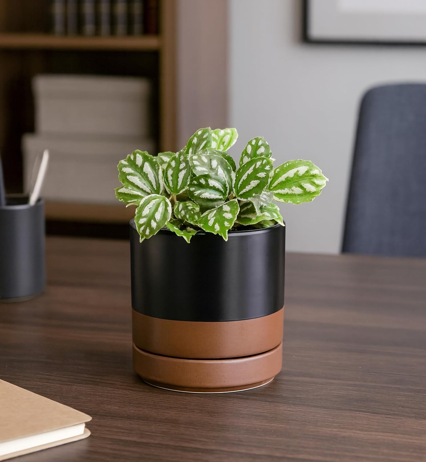 4.7 Inch Ceramic Planter Pot, Black/Tan, 94-O-B-7 | Modern Cylinder Design, Drainage Hole & Saucer Included, Stable Structure, Elegant Home Accent - view 5