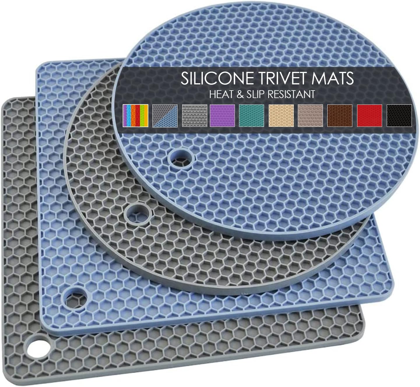 Trivets for hot dishes, 4 pack silicone hot pads for kitchen, non-slip heat resistant silicone mat for countertops, spoon rest, multipurpose food grade thick trivet (gray & blue) pot holders