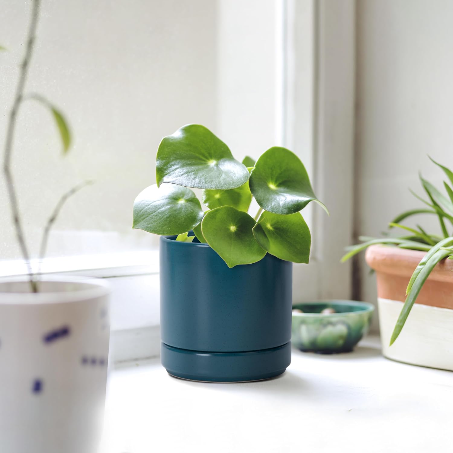 4.7 Inch Ceramic Planter Pot, Teal, 94-O-B-9 | Modern Cylinder Design, Drainage Hole & Saucer Included, Stable Structure, Elegant Home Accent - view 2