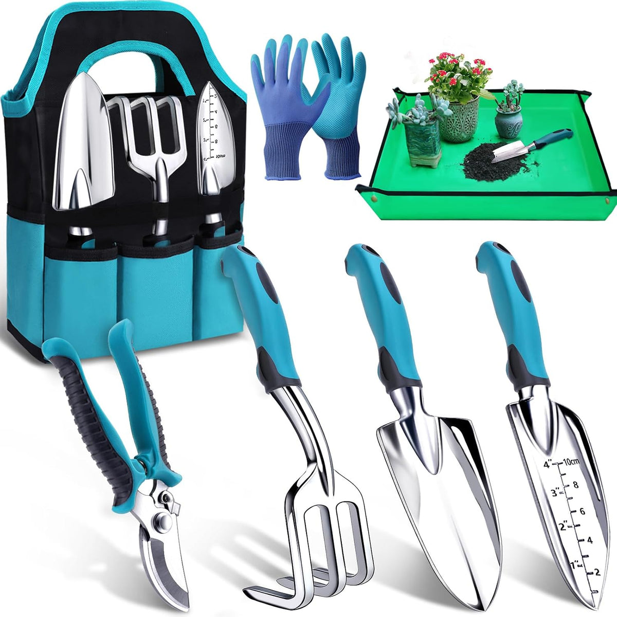 7-Piece Gardening Tools Set, Heavy Duty Garden Tools Kit with Garden Trowel, Garden Hand Shovel, Repotting Mat, Rust Resistant, Gardening Essentials & Supplies, Bag, Gifts Kits for Women