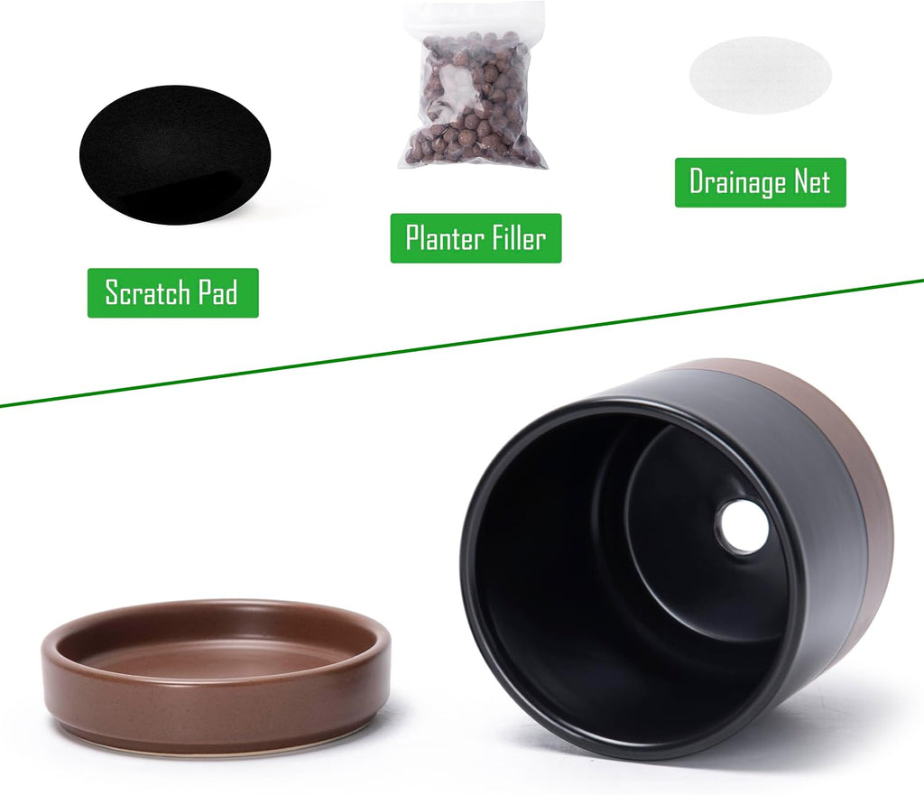 4.7 Inch Ceramic Planter Pot, Black/Tan, 94-O-B-7 | Modern Cylinder Design, Drainage Hole & Saucer Included, Stable Structure, Elegant Home Accent - view 4