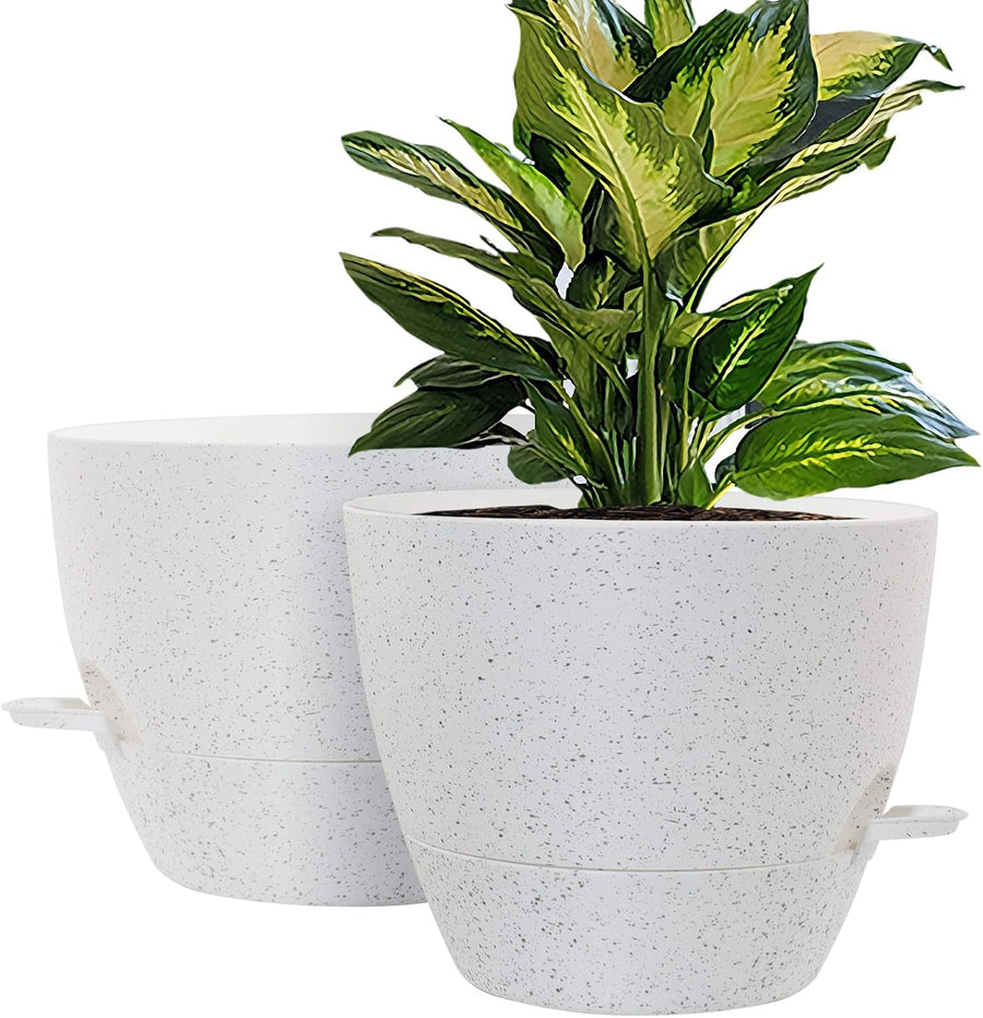 10 inch Self Watering Planters, 2 Pack Large Plastic Plant Pots with Deep Reservior and High Drainage Holes for Indoor Outdoor Plants and Flowers, Speckled White