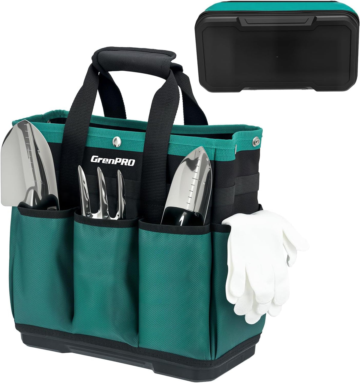 Heavy Duty Garden Tool Bag, Molded Bottom, 10 Pockets, Dark Green | Reinforced garden organizer tote stands upright with a molded base and top snap closure for tool storage. Tools not included