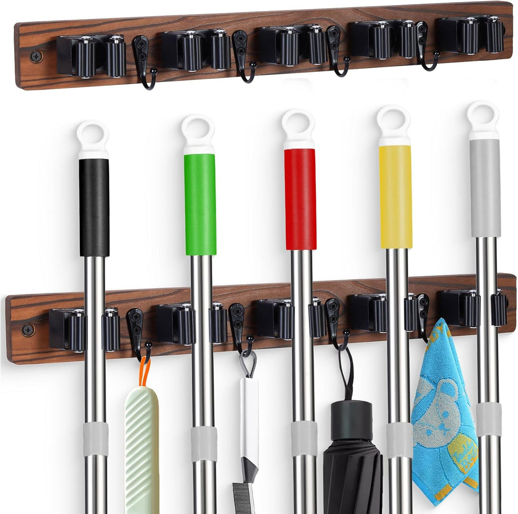 Broom Holder Wall Mount With 5 Slots & 4 Hooks，Rustic Wood Broom & Mop Hanger，Wall Mounted Garden & Garage Tool Storage Organizer Rack for Closet Laundry Room or Kitchen Wall Decor - view 7