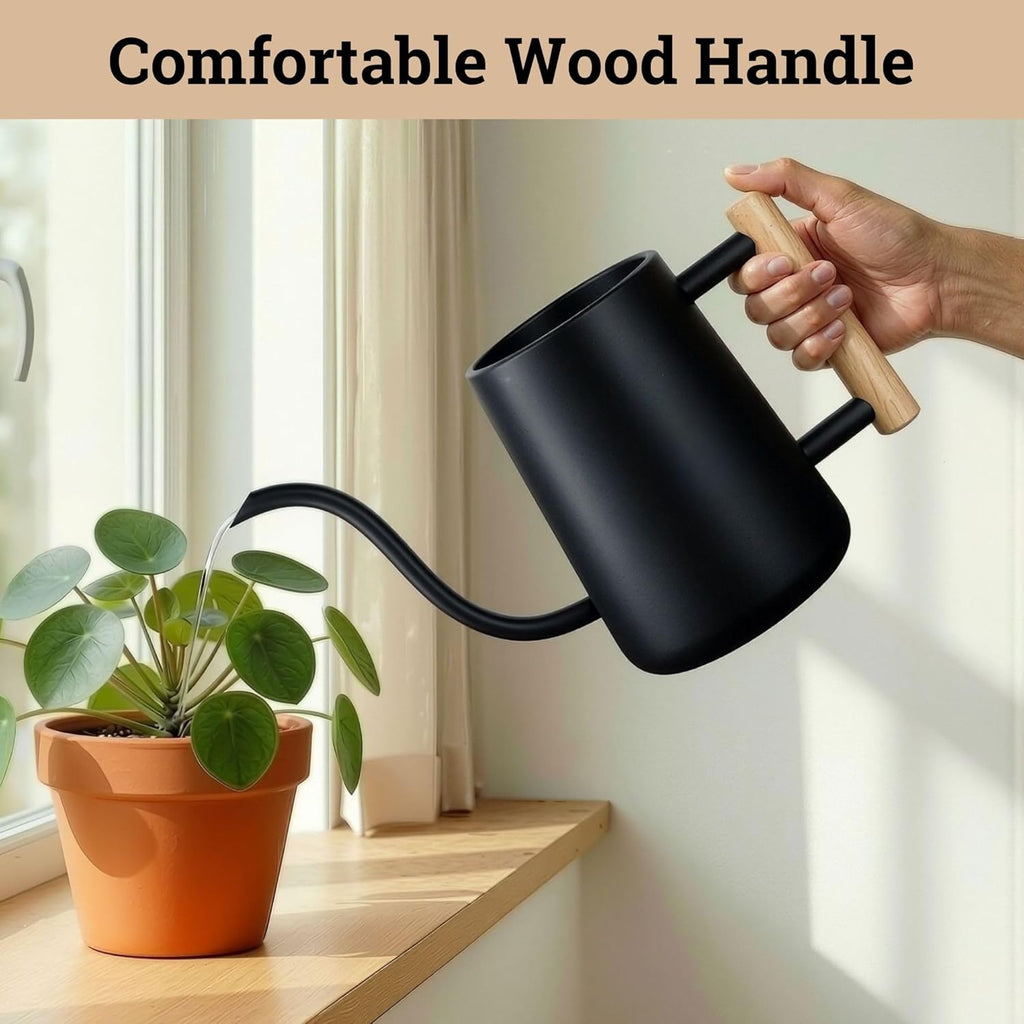 Metal small indoor watering can with long spout & real wood handle, 35oz | long spout, stainless steel, real wood handle, gentle flow, no spills, suitable for house plants, succulents & seedlings - view 7