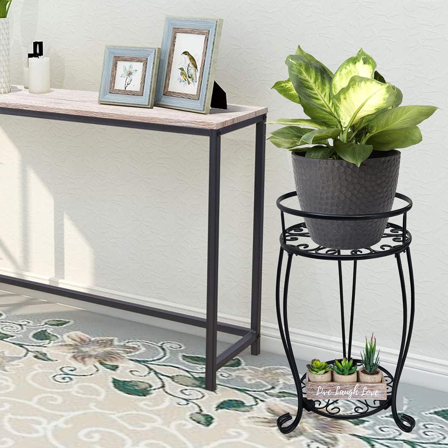 2 tier plant stand, 19.2 inch tall metal potted holder rack, indoor outdoor multiple flower pot shelf rustproof iron garden container for garden patio living room corner balcony, black - view 2