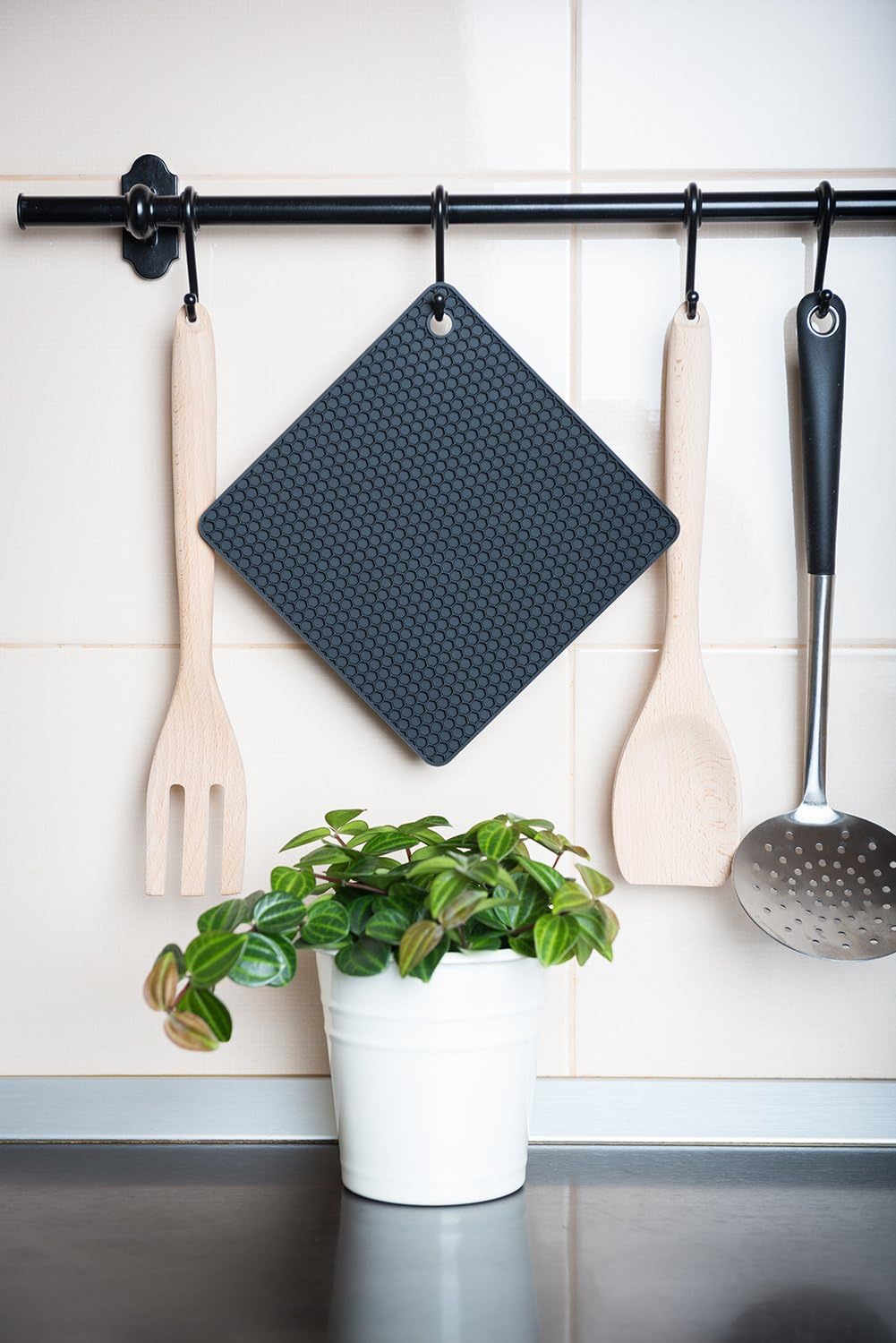 Silicone trivet for hot dishes. Silicone pot holders are heat resistant mats for countertop up to 440°F, multipurpose - non slip jar opener hot disher spoon rest food grade & BPA free (black) - view 6