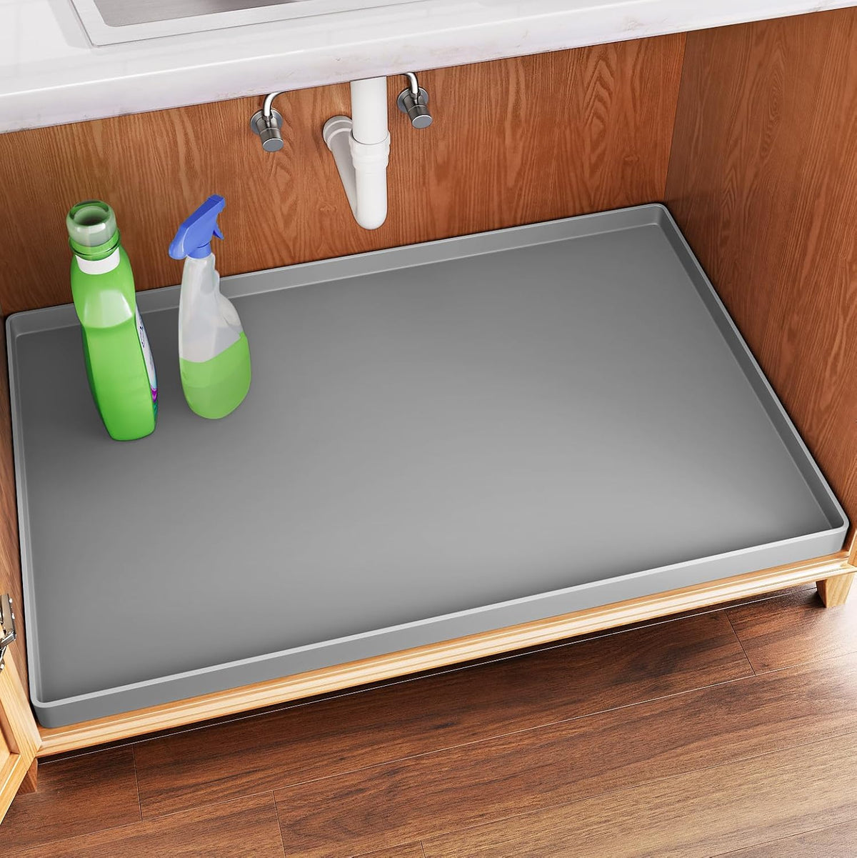 Waterproof Under Sink Mat, 37" x 22", Black | Shelf Liner for Kitchen and Bathroom, Cabinet Protector, Organizers and Storage, Flexible Silicone Drip Tray - view 8