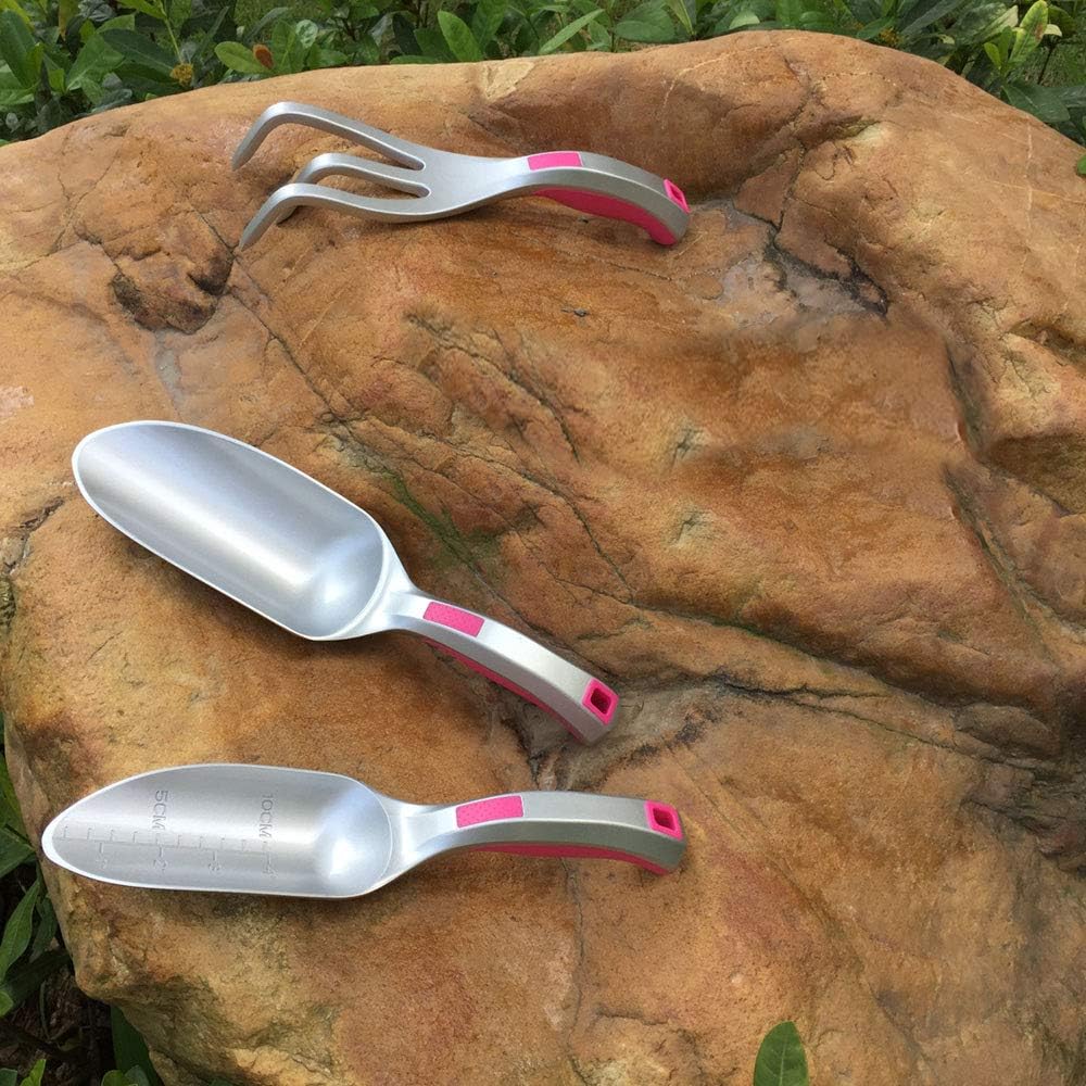 Garden Tool Set, 3PC Bend Proof Gardening Tool Kits (Soil Scooper, Garden Trowel, Cultivator Hand Rake), One-Piece Aluminum, Garden Gift Pink - view 7