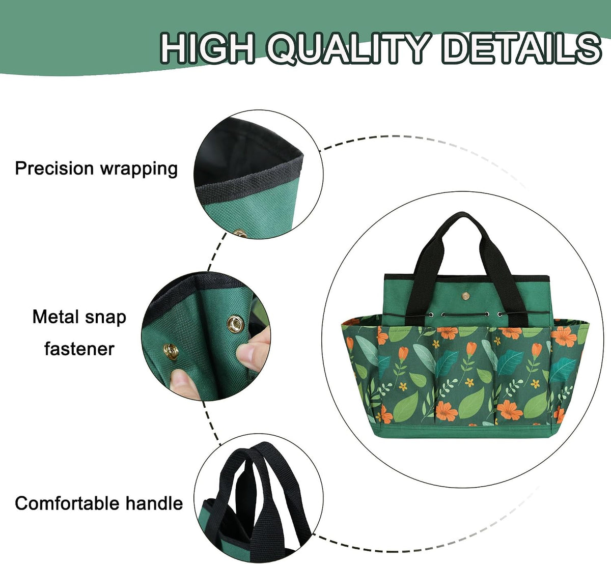 Waterproof Garden Tool Bag, 600D Oxford Portable Gardening Tote with Handle & Multi Pockets, Ideal Gifts for Parents Women (Green Flower, Tools Not Included) - view 4