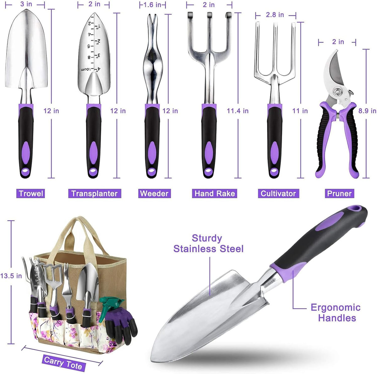 Garden tools set, 30 piece stainless steel gardening kit with vintage floral tote bag, non-slip ergonomic rubber handle, ideal gift for women & beginners, for succulent, home garden - view 5
