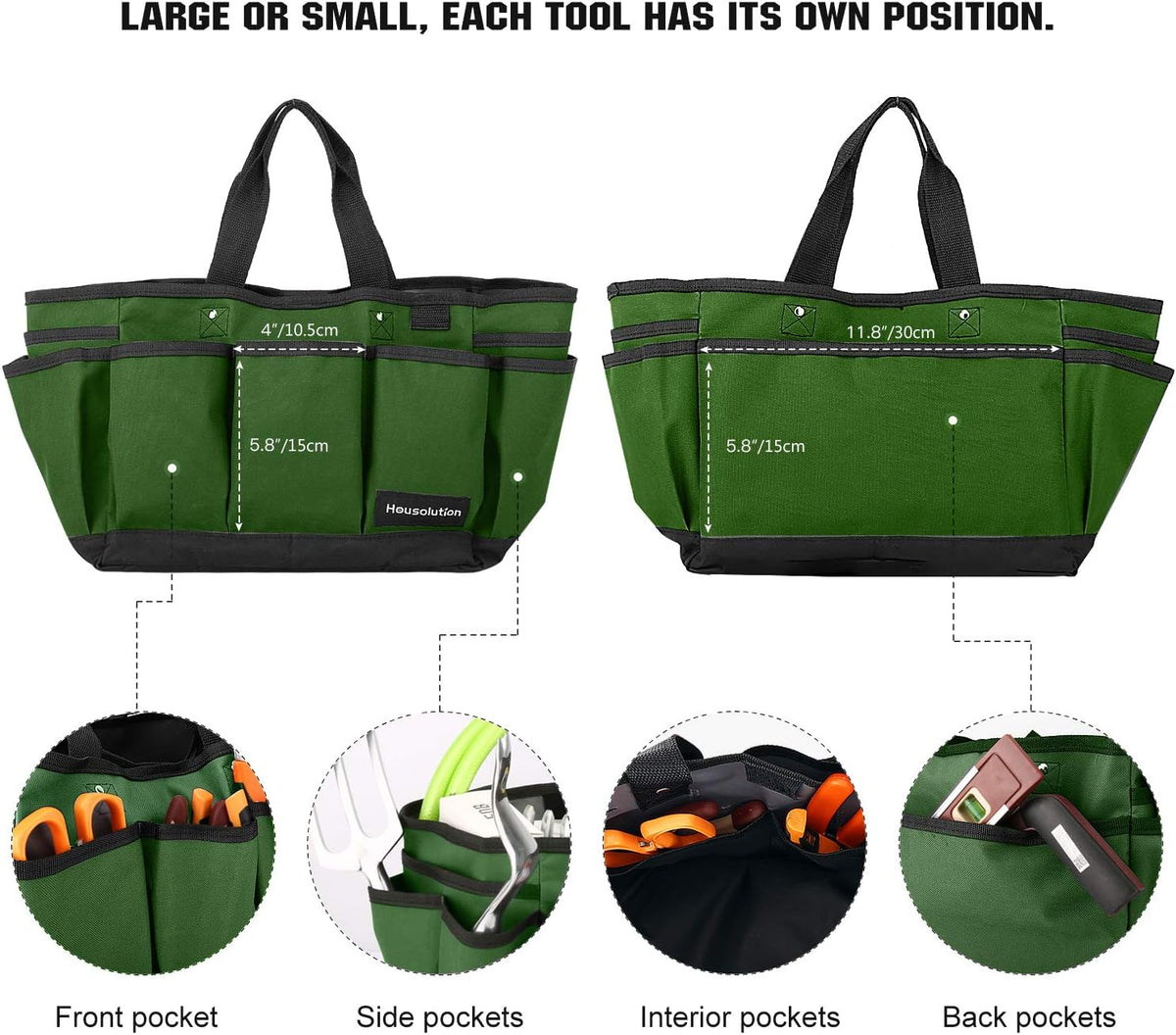 Gardening Tote Bag, Deluxe Garden Tool Storage Bag and Home Organizer with Pockets, Wear-resistant & Reusable, 12 Inch, Dark Green - view 3