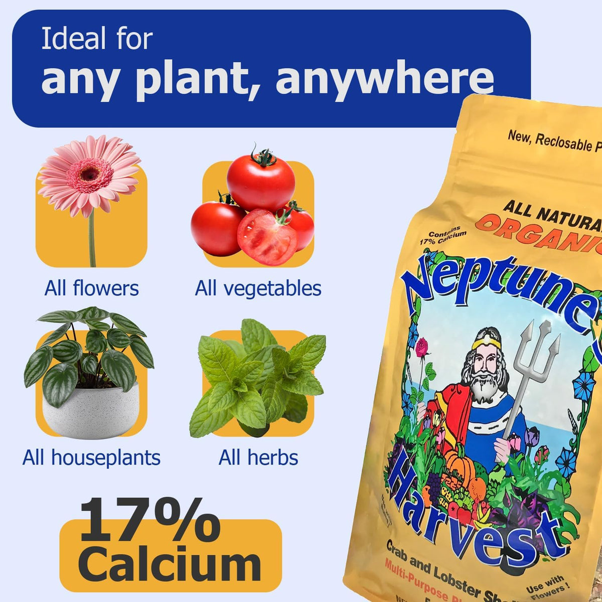 Neptune’s Harvest Organic Crab & Lobster Shell Multi-Purpose Plant Food (5-3-0) - 4 LB Resealable Bag - Rich in Nutrients Soil Fertilizer - Plant Food for Lawns, Gardens, and Vegetables - view 3