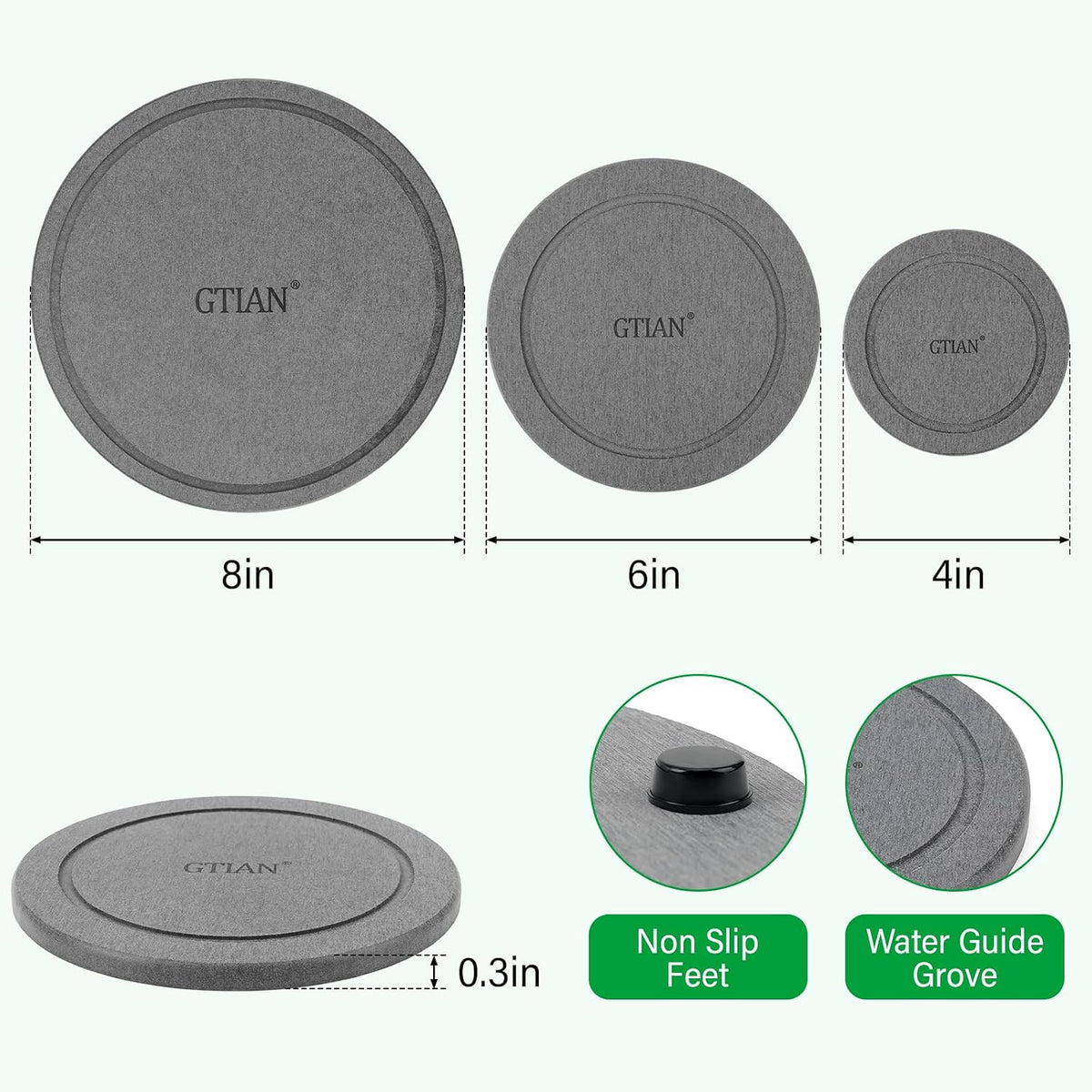 3-Pack Diatomaceous Earth Instant Drying Plant Saucers with Rubber Feet | 4/6/8 Inch, Indoor Pot Trays for Drip & Drainage, Decorative Plant Drainage Tray for Flower and Plant Pot - view 2