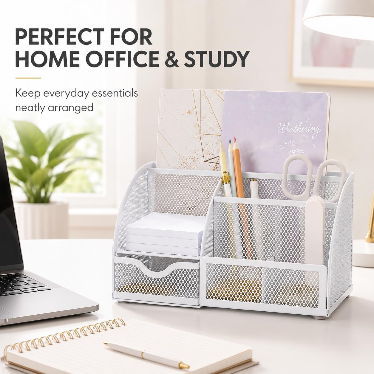Desk Organizer 7 Compartments Metal Mesh Pen Holder Caddy White | Compact White Desktop Storage for Notes Clips Scissors Rulers Craft Tools Makeup Study and Home Use - view 7