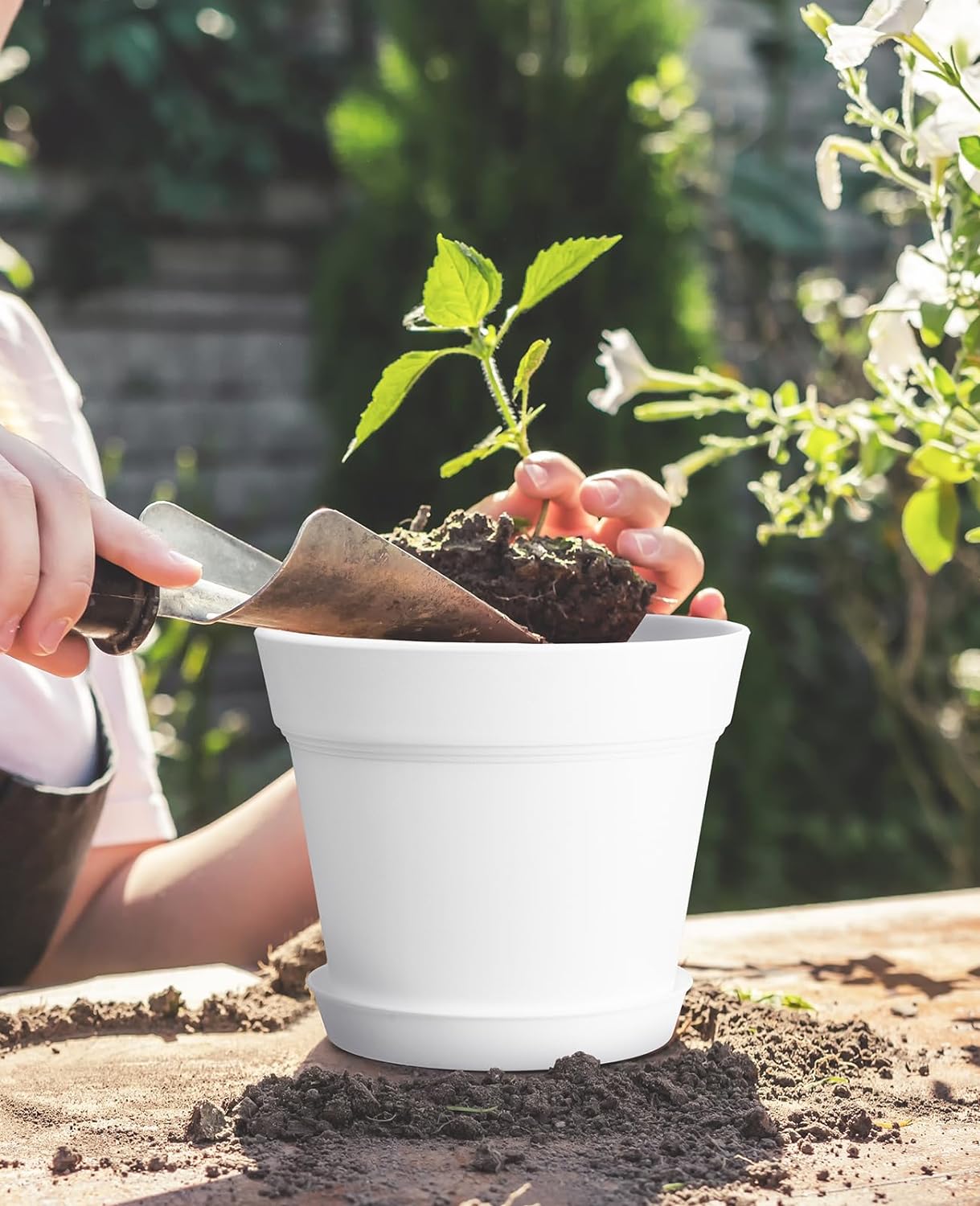 6 Inch Plastic Plant Pots with Drainage Holes and Trays (15 Pcs) | Cream white finish suits orchids, succulents, herbs and houseplants for windowsills, balconies, shelves, kitchens or offices. - view 3