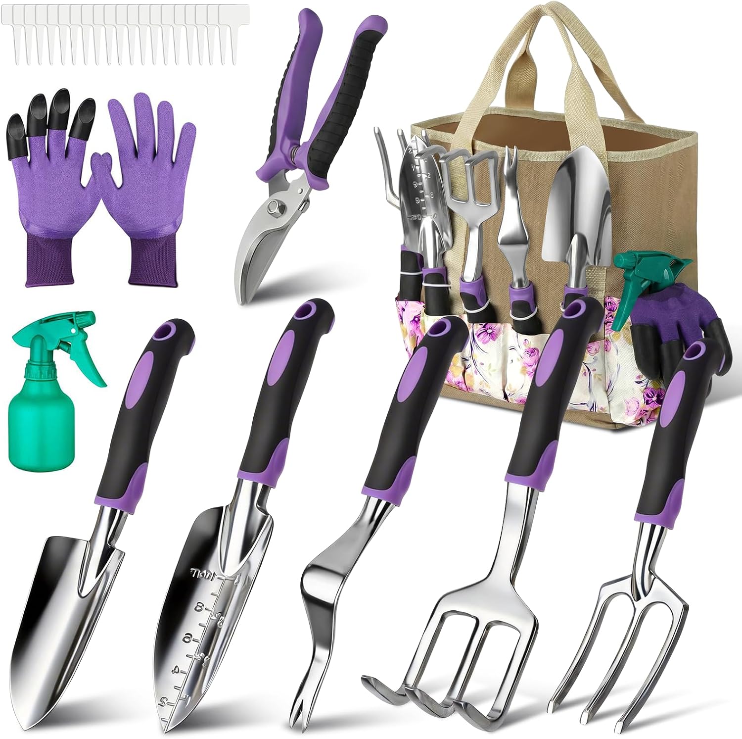 Garden tools set, 30 piece stainless steel gardening kit with vintage floral tote bag, non-slip ergonomic rubber handle, ideal gift for women & beginners, for succulent, home garden