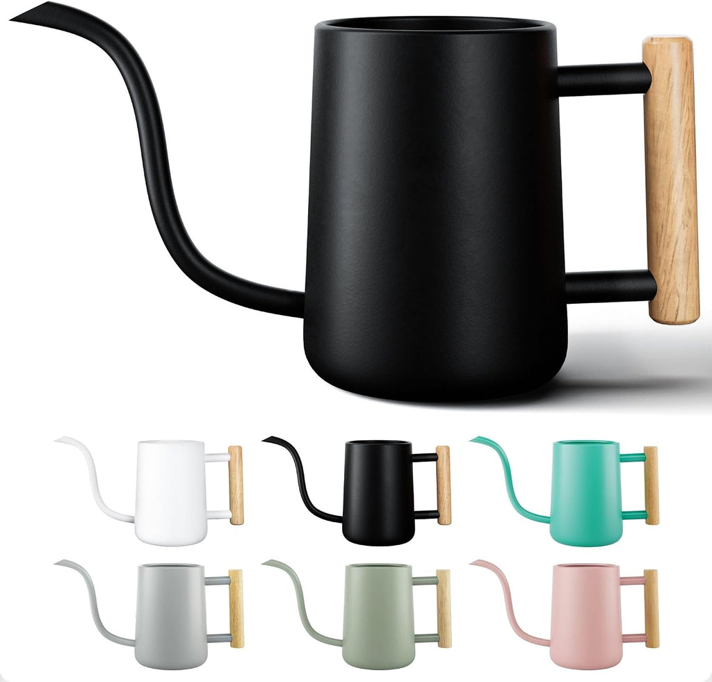 Metal small indoor watering can with long spout & real wood handle, 35oz | long spout, stainless steel, real wood handle, gentle flow, no spills, suitable for house plants, succulents & seedlings