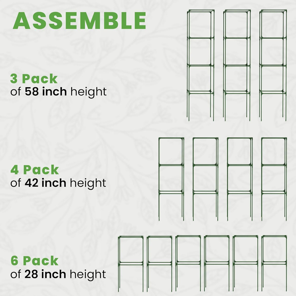 Tomato cage square - large trellis stakes and plant support structures for vegetables and climbing plants - tall tomato cages for garden, pots, raised garden bed outdoor supplies (3 pack - up to 58") - view 3
