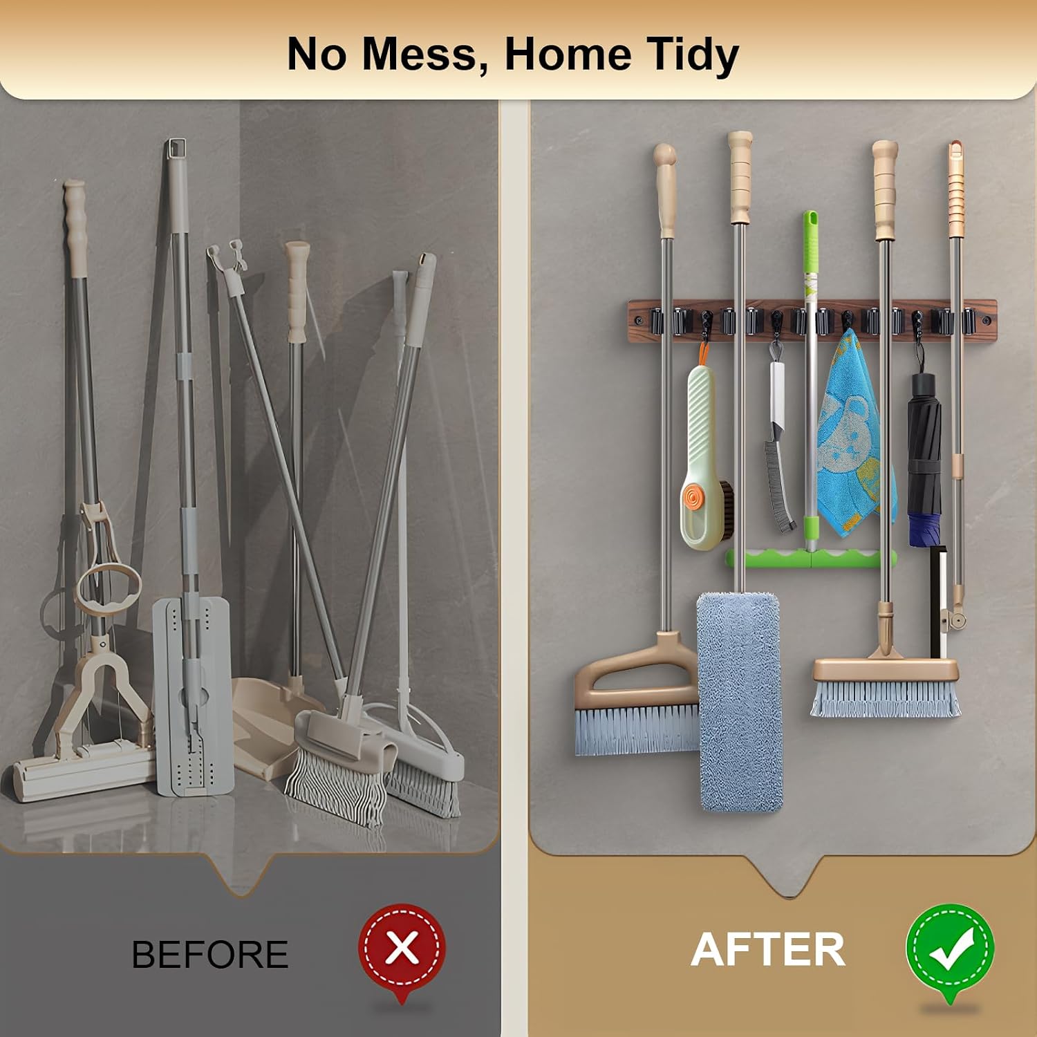 Broom Holder Wall Mount With 5 Slots & 4 Hooks，Rustic Wood Broom & Mop Hanger，Wall Mounted Garden & Garage Tool Storage Organizer Rack for Closet Laundry Room or Kitchen Wall Decor - view 4