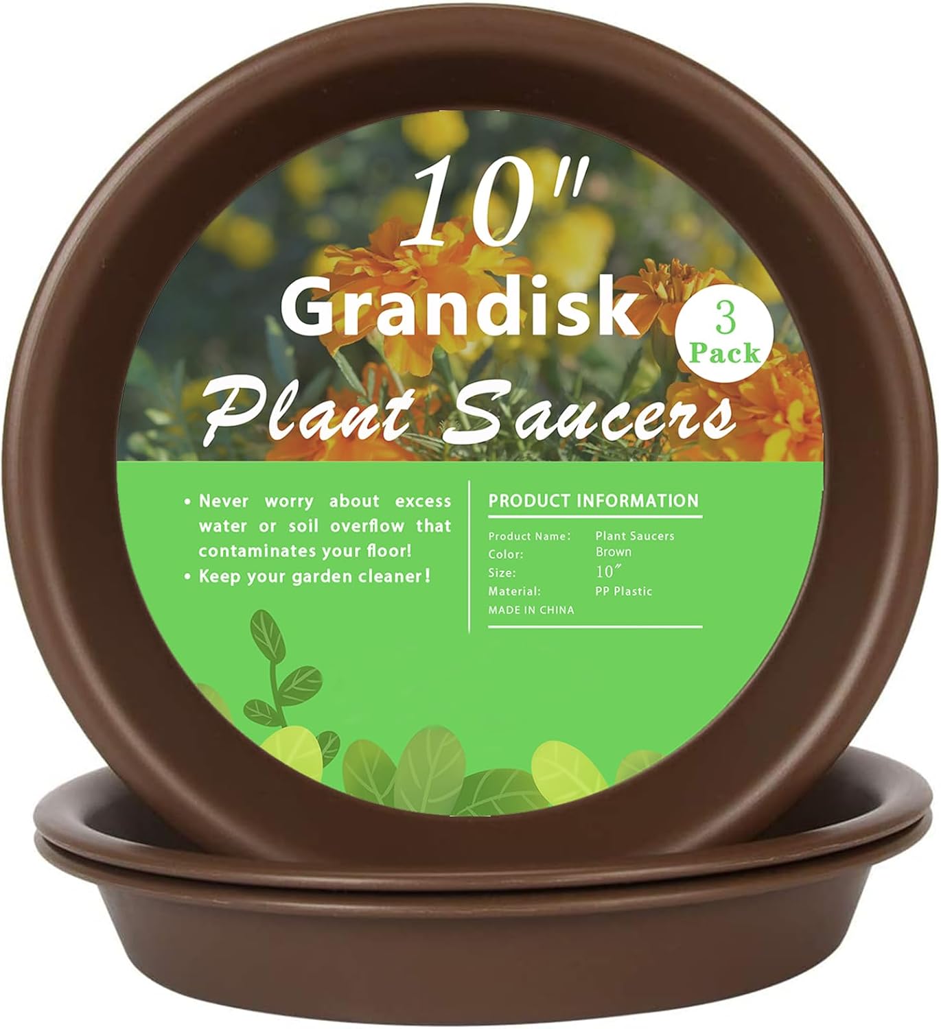 Plant saucer 10 inch, heavy large planter durable thicker plastic plant trays for indoors and outdoor, plant saucer drip trays, brown (10" - 3 pack)