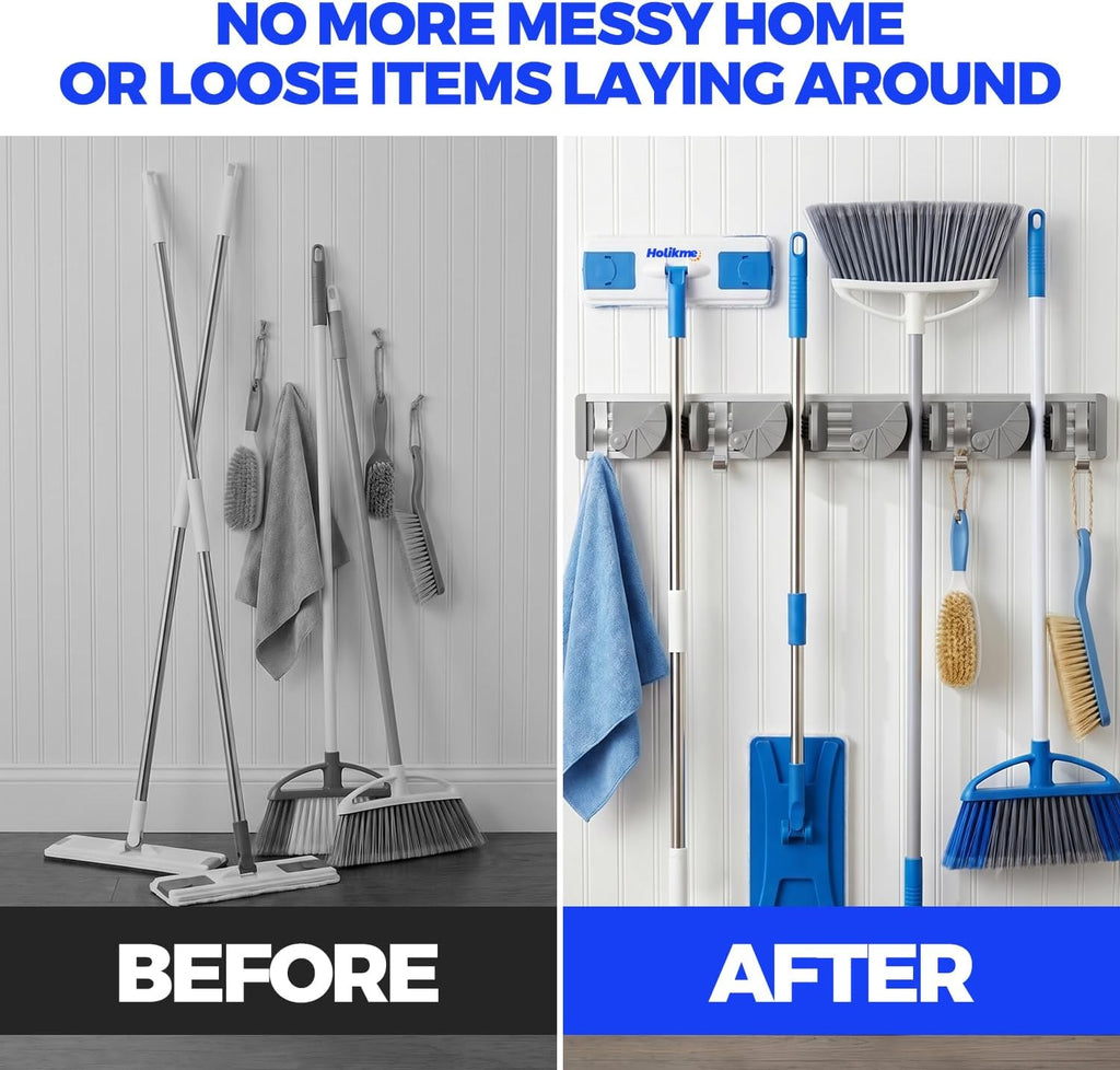 Mop Broom Holder Wall Mount Metal Pantry Organization and Storage Garden Kitchen Tool Organizer Wall Hanger for Home Goods (4 Positions with 4 Hooks, Silver) - view 4