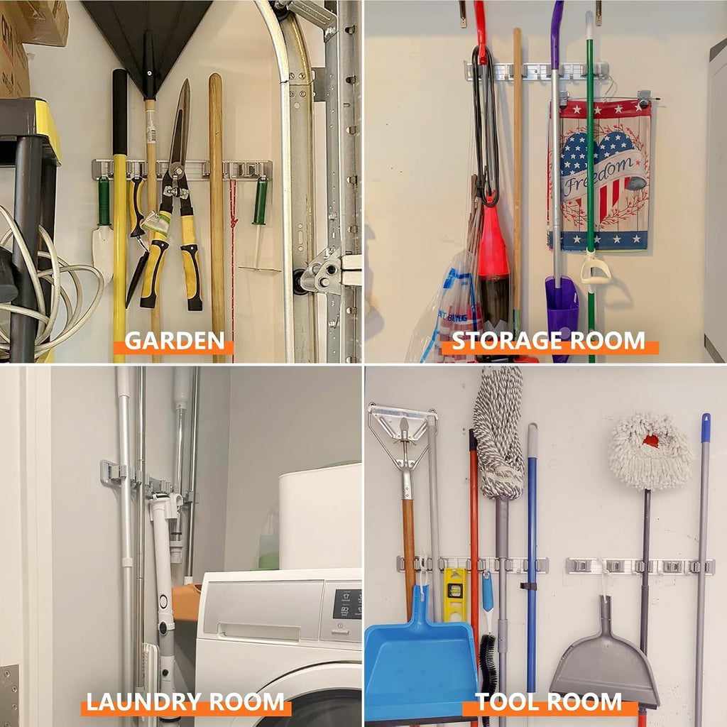 Broom Holder Wall Mount Mop Hanger Tools organizer 4Racks 5Hooks | Adjustable Mop Broom Wall Hanging Heavy duty Tools Storage Rack Space-saving for Garage,Kitchen,Laundry Room,Garden, Silver - view 5