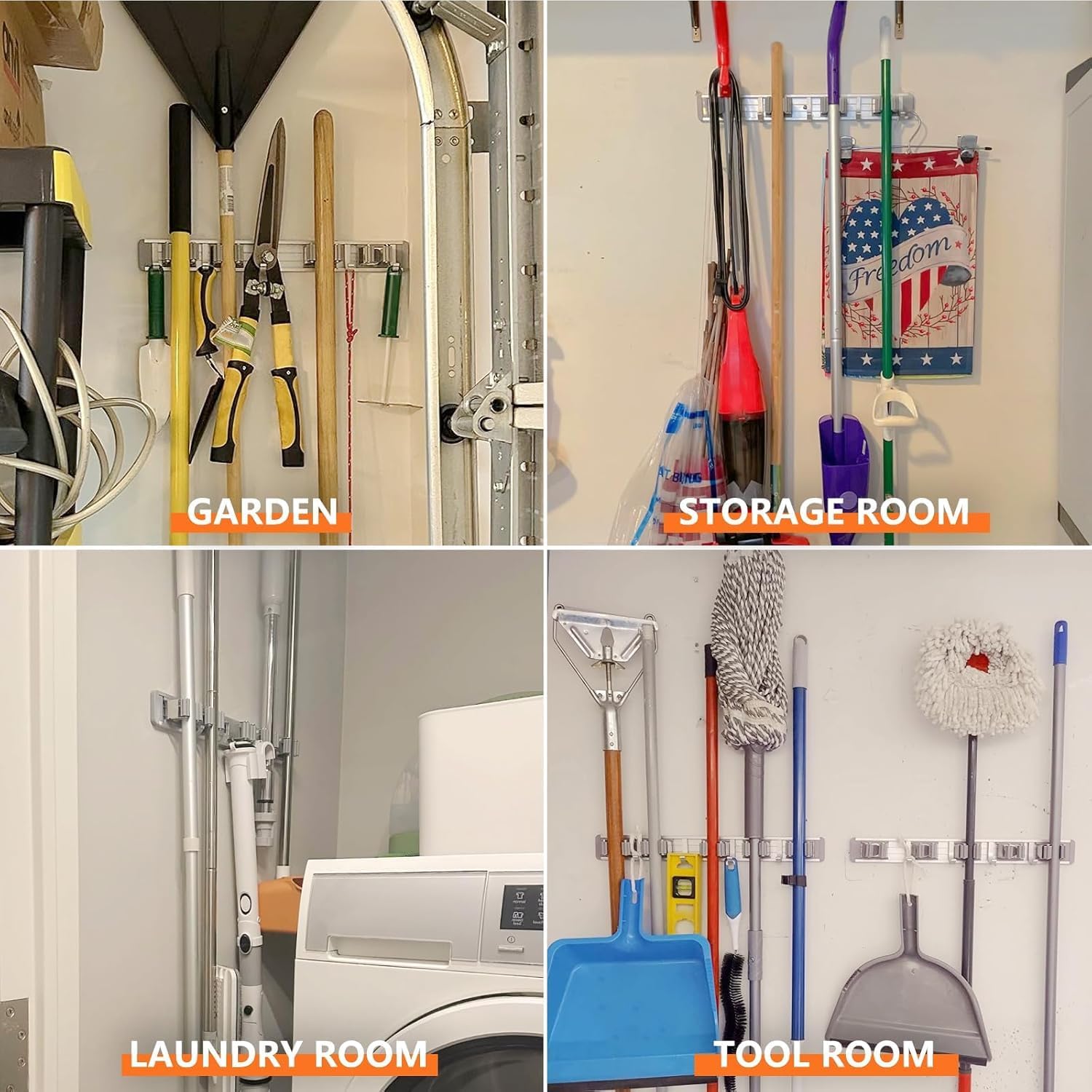 Broom Holder Wall Mount Mop Hanger Tools organizer 4Racks 5Hooks | Adjustable Mop Broom Wall Hanging Heavy duty Tools Storage Rack Space-saving for Garage,Kitchen,Laundry Room,Garden, Silver - view 5