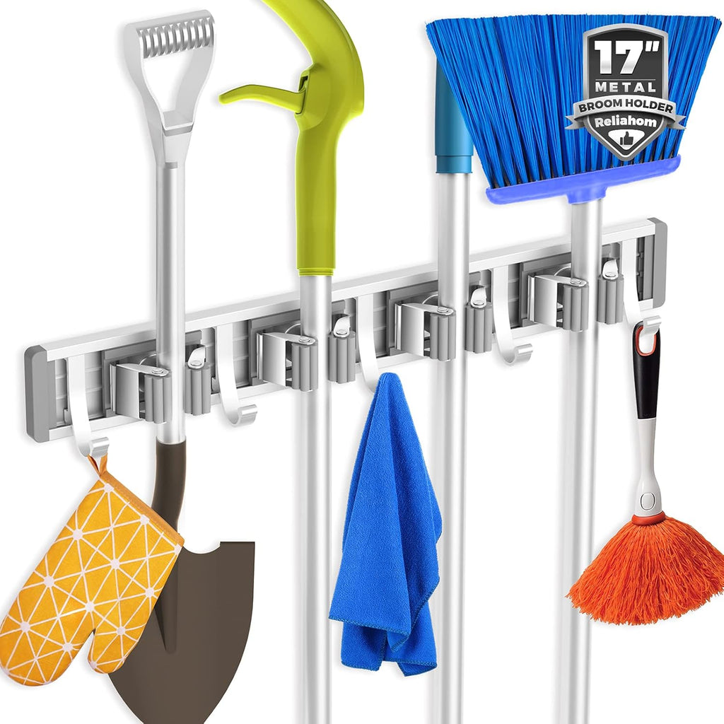 Broom Holder Wall Mount Mop Hanger Tools organizer 4Racks 5Hooks | Adjustable Mop Broom Wall Hanging Heavy duty Tools Storage Rack Space-saving for Garage,Kitchen,Laundry Room,Garden, Silver