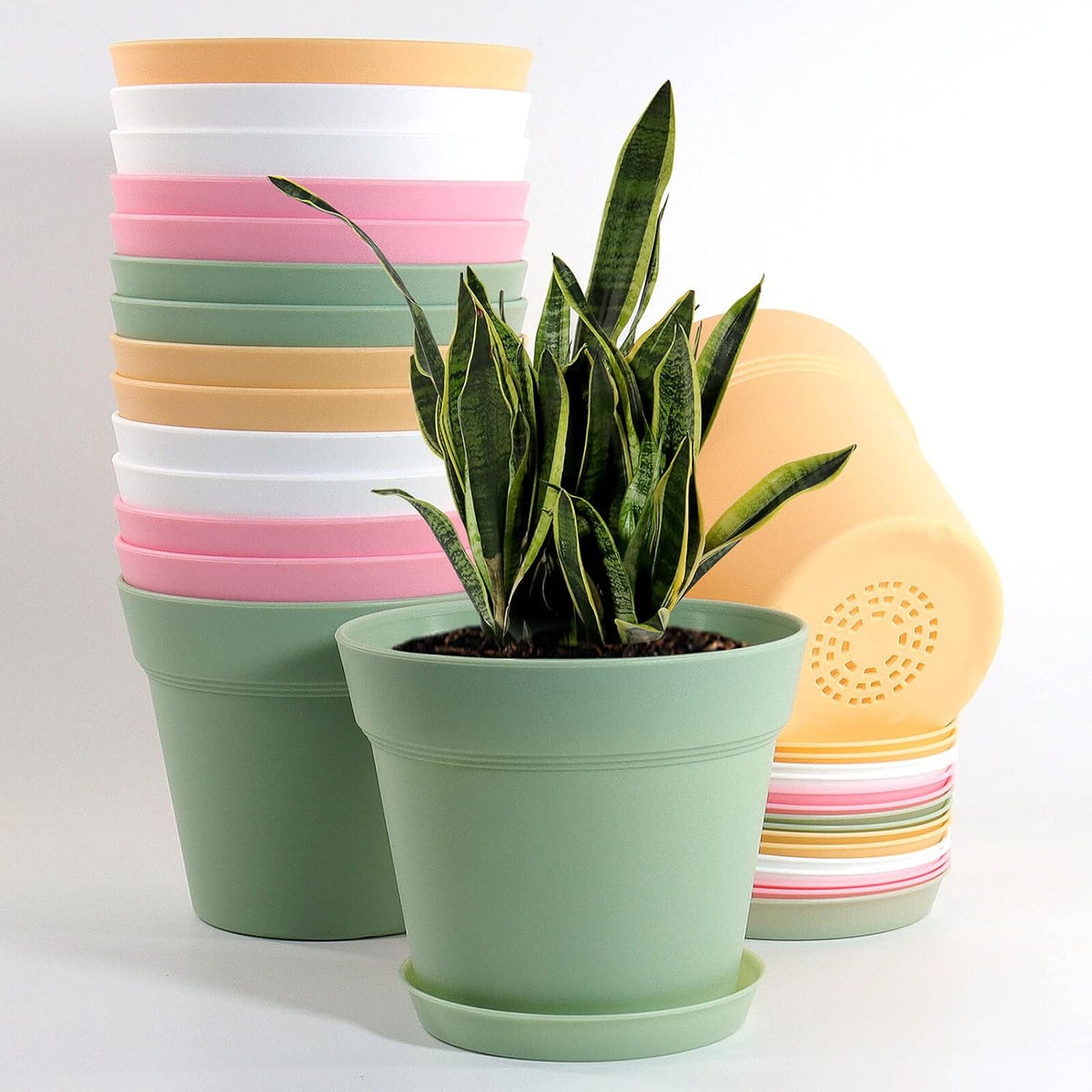 16 Pack 6 inch Plastic Planters, Indoor Flower Pots, Heavy Duty and Stylish 6 Inch Plant Pots for Indoor Plants with Drainage Holes and Tray for Plants, Flowers, Colorful