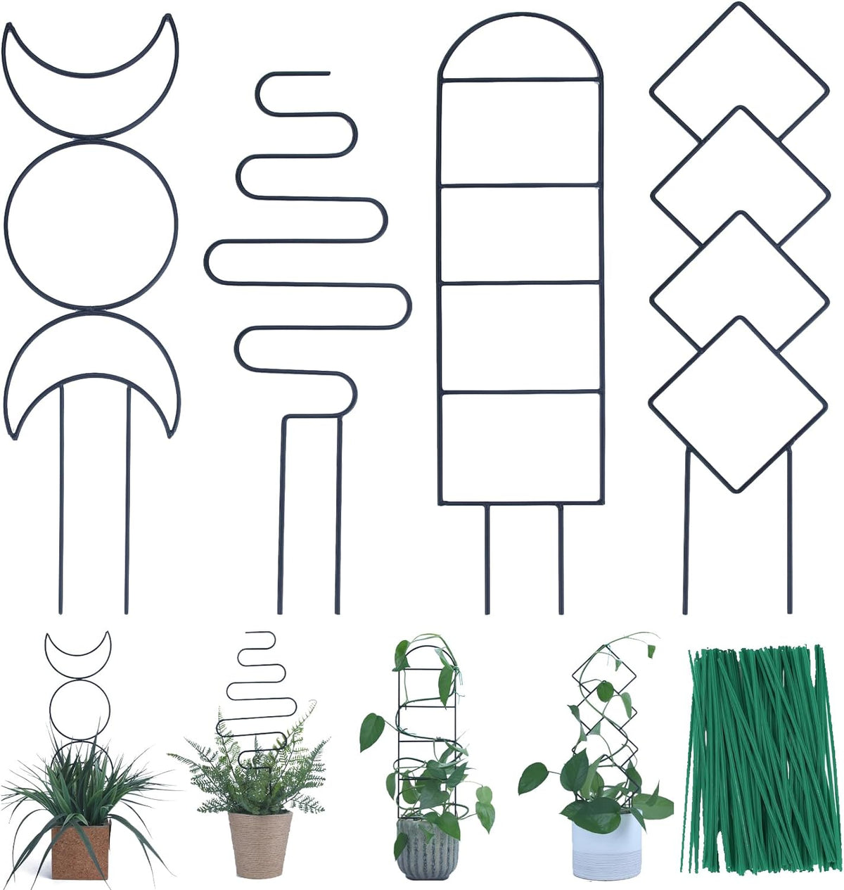 16inch Small Indoor Plant Trellis for Climbing Plants Outdoor | 4PK Black Garden Metal Trellis for Potted Plants with Different Patterns for Vine Ivy Flower Plant Support