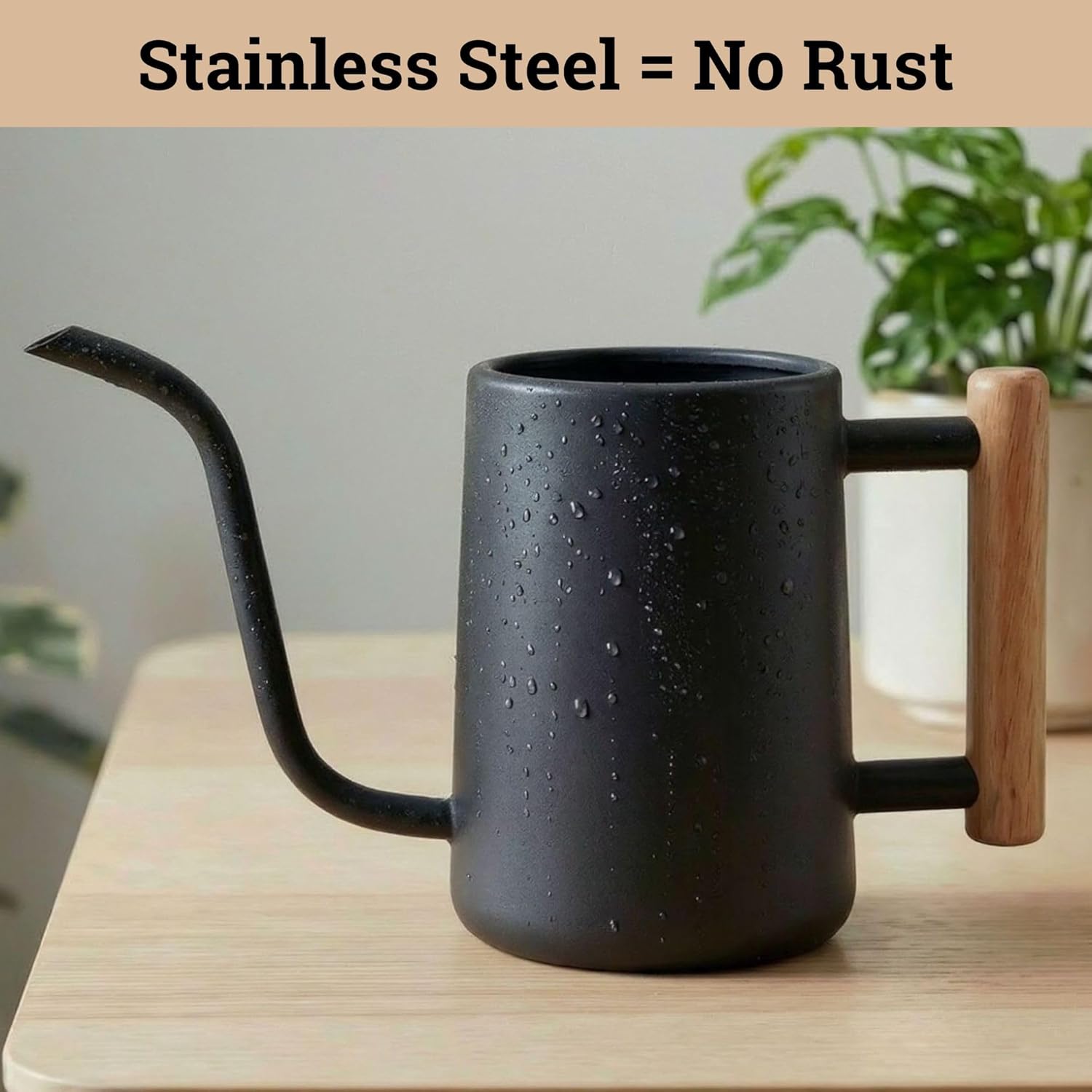 Metal small indoor watering can with long spout & real wood handle, 35oz | long spout, stainless steel, real wood handle, gentle flow, no spills, suitable for house plants, succulents & seedlings - view 3