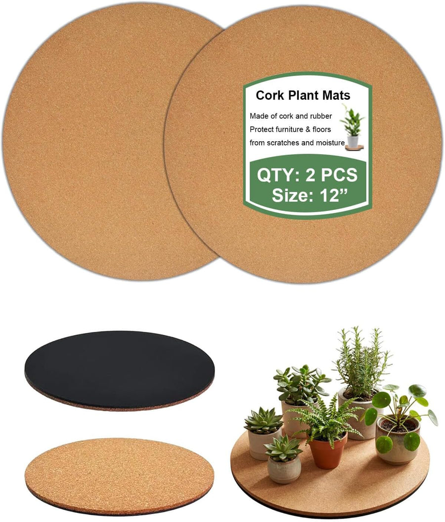 12 Inch Cork Plant Coasters, 2 Pack Large Round Plant Mats for Planters