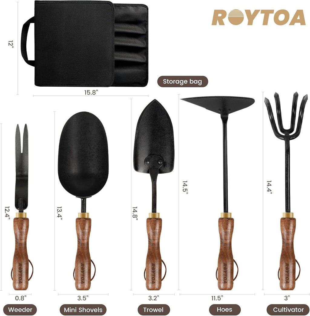 Garden Tool Set, 5PCS Gardening Tools, Stainless Steel Heavy Duty Hand Cultivator, Hoes, Shovel, Trowel and Weeder with Ergonomic Walnut Handle, Gardening Gifts for Women - view 2