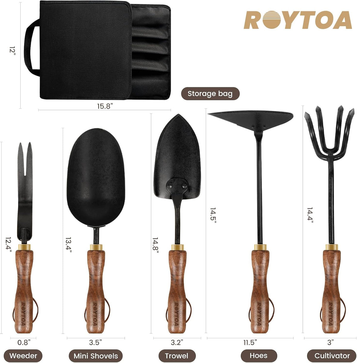 Garden Tool Set, 5PCS Gardening Tools, Stainless Steel Heavy Duty Hand Cultivator, Hoes, Shovel, Trowel and Weeder with Ergonomic Walnut Handle, Gardening Gifts for Women - view 2