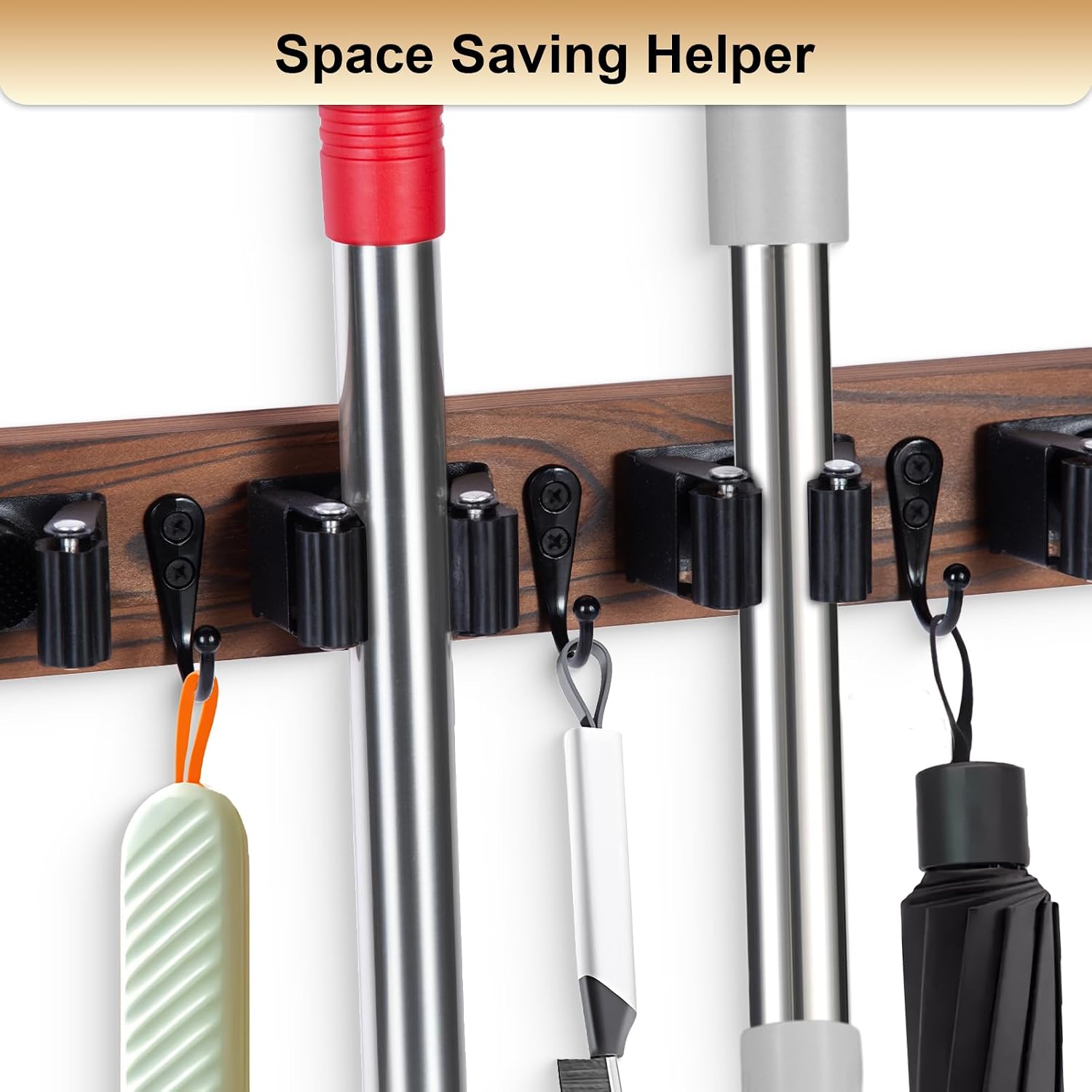 Broom Holder Wall Mount With 5 Slots & 4 Hooks，Rustic Wood Broom & Mop Hanger，Wall Mounted Garden & Garage Tool Storage Organizer Rack for Closet Laundry Room or Kitchen Wall Decor - view 3