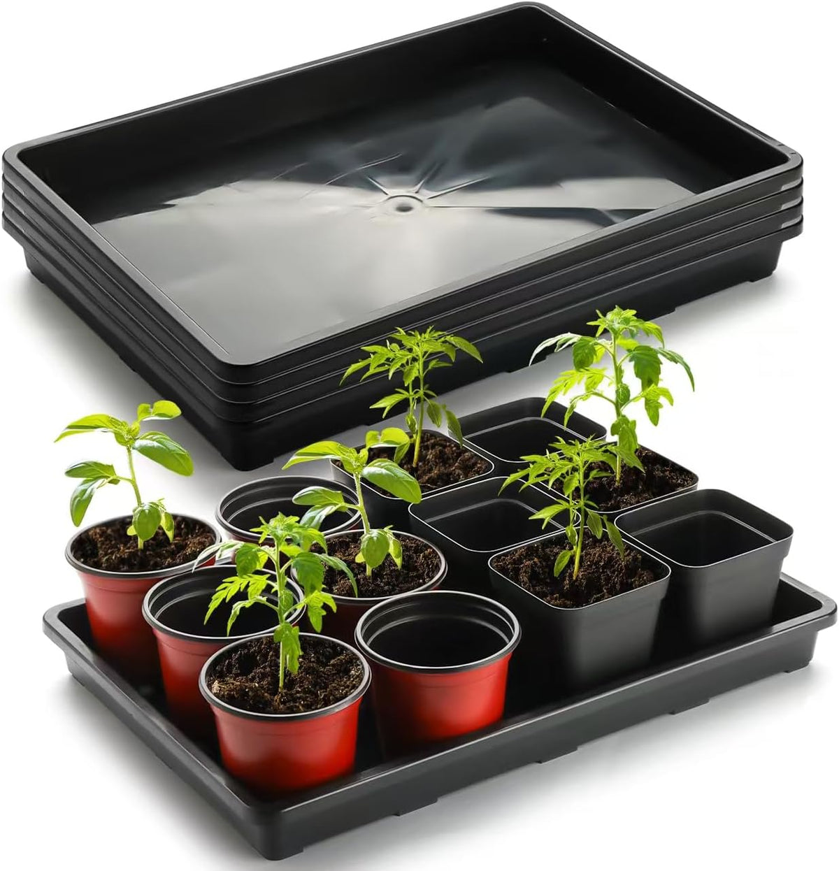10 Pack Nursery Pots Trays (17"x11"x2"), Plastic Flat Seed Starter Trays, Durable Carrying Seedling Starter Tray, Reusable Tray for Planting and Collecting Drainage Water (Black) - view 3