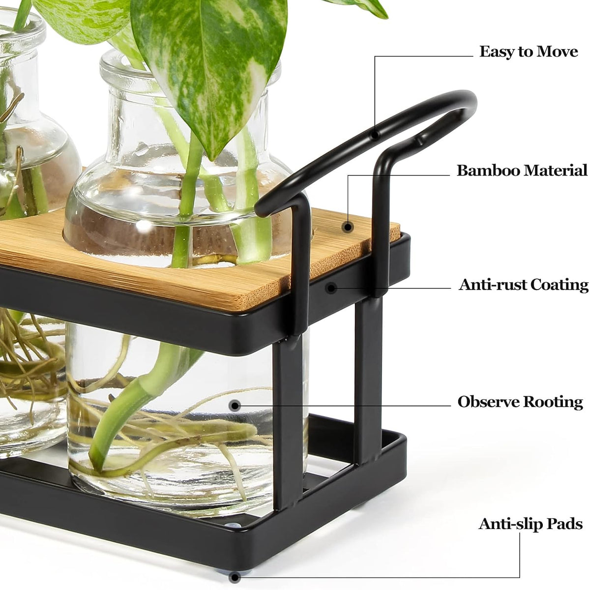 Plant Propagation Stations with Metal Stand, Tabletop Plant Terrarium for Propagating Hydroponic, Retro Glass Planter Flower Vase Home Kitchen Office Decor Gifts, 5 Jars - view 2