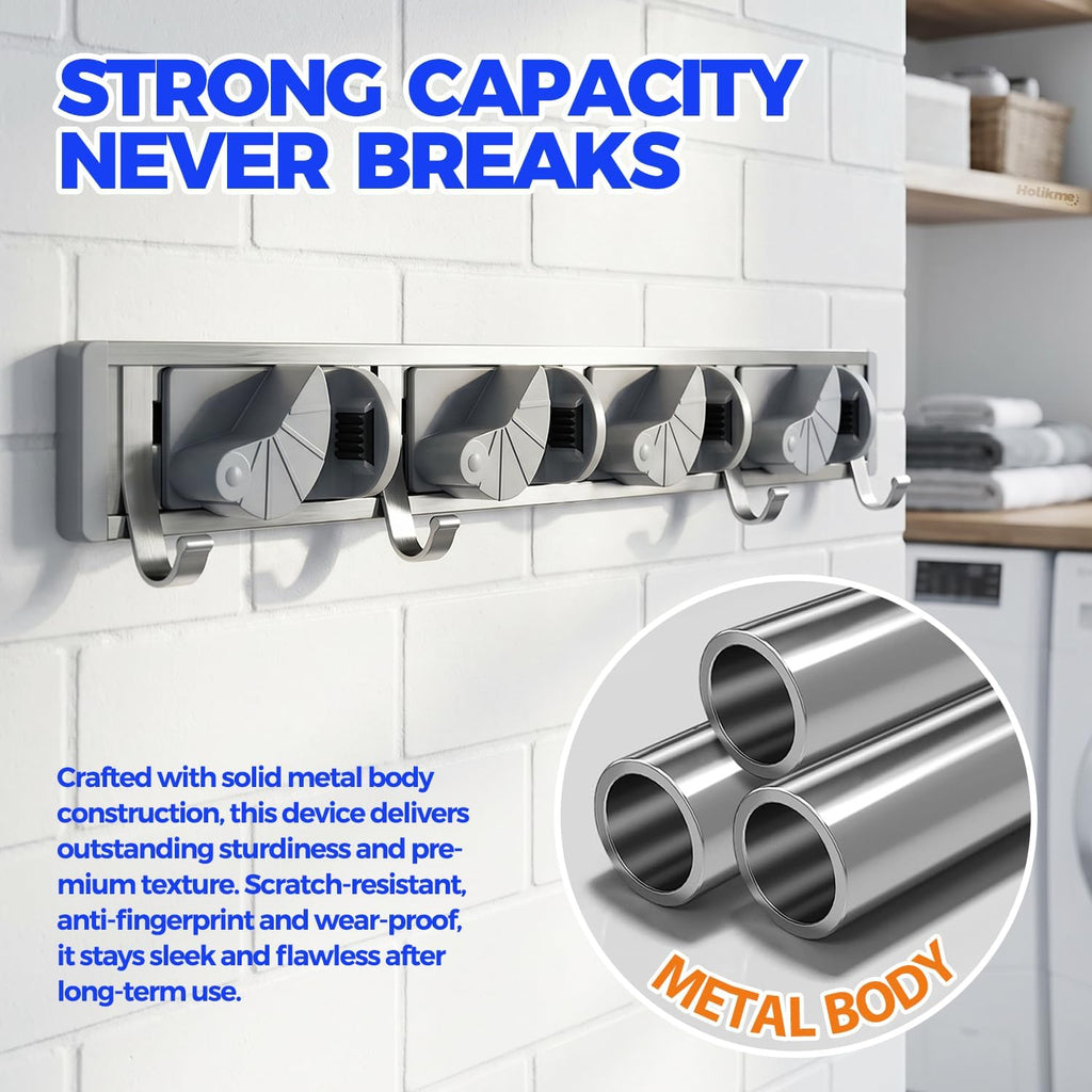 Mop Broom Holder Wall Mount Metal Pantry Organization and Storage Garden Kitchen Tool Organizer Wall Hanger for Home Goods (4 Positions with 4 Hooks, Silver) - view 2