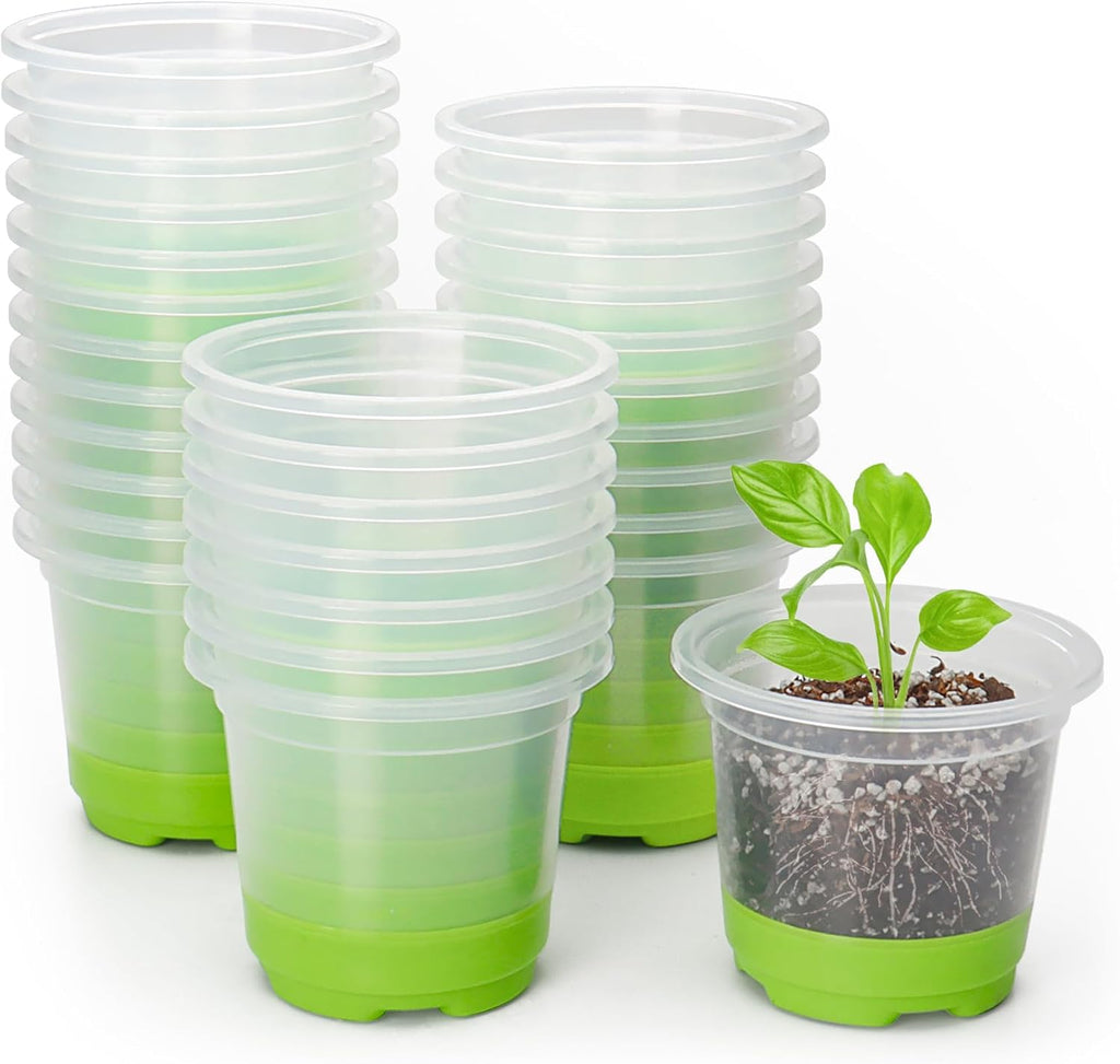 Clear Nursery Pots with Silicone Base, 4-Inch, 30-Pack | Sturdy Construction, Flexible Base, Drainage Holes, Root and Soil Visibility, Reusable, Seed Starting, Propagation, Green