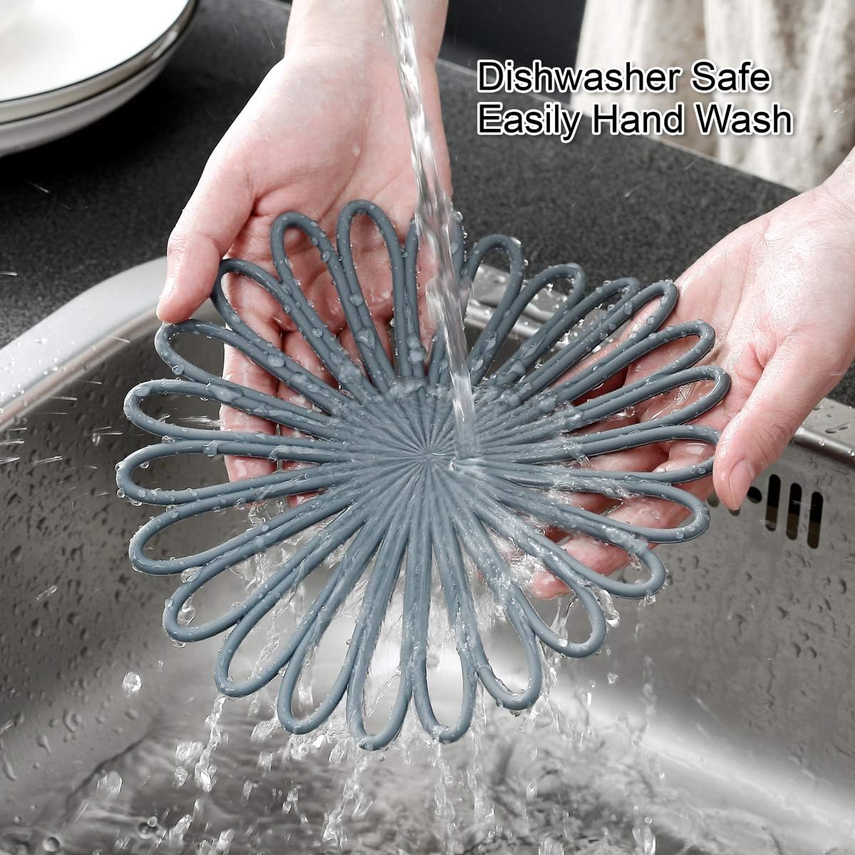 Set of 3 silicone trivet mat - hot pot holder hot pads for table & countertop - trivet for hot dishes - non-slip & heat resistant modern kitchen hot pads for pots & pans, grey - view 5